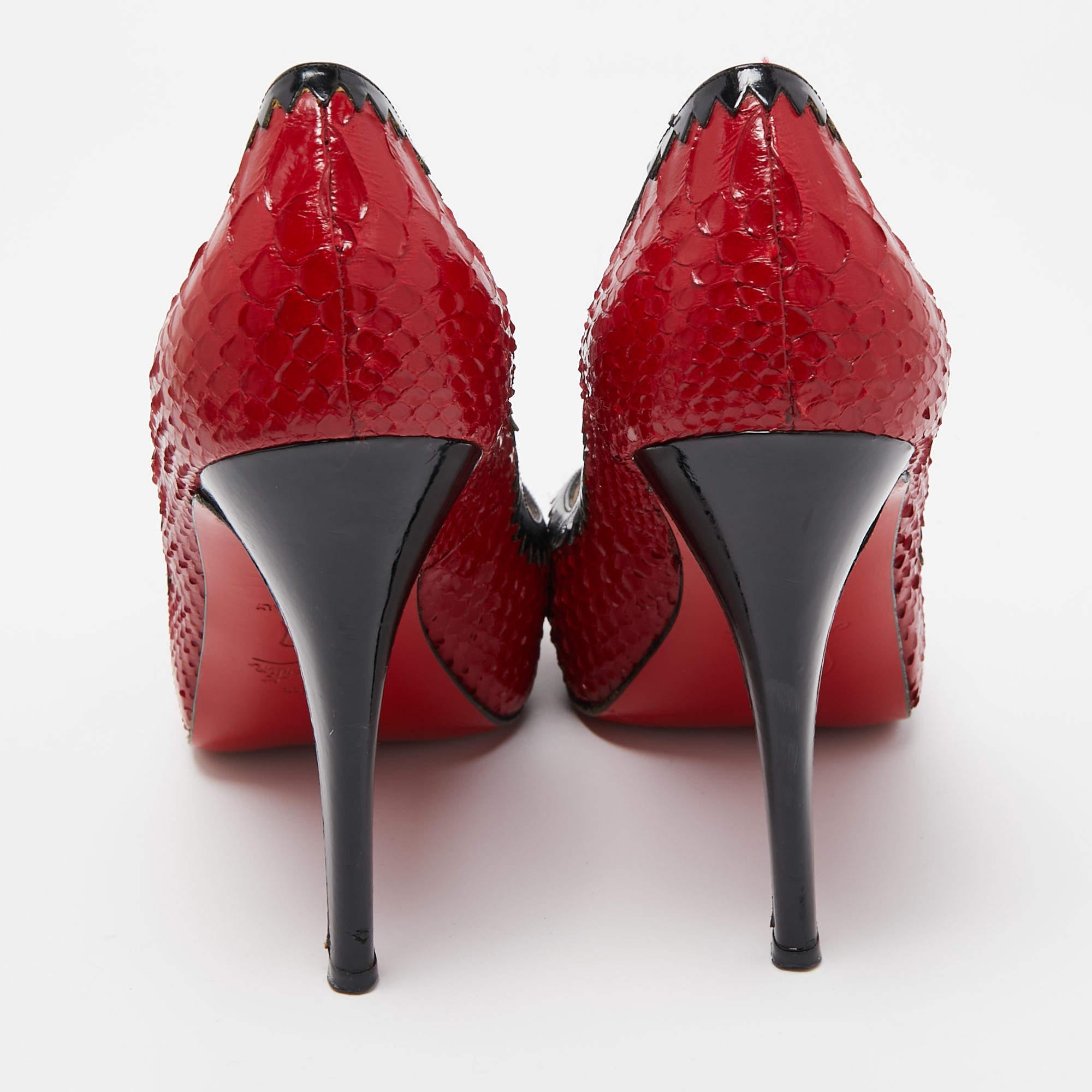 Christian Louboutin Red/Black Python Leather Peep Toe Platform Pumps Size 37 For Sale 4