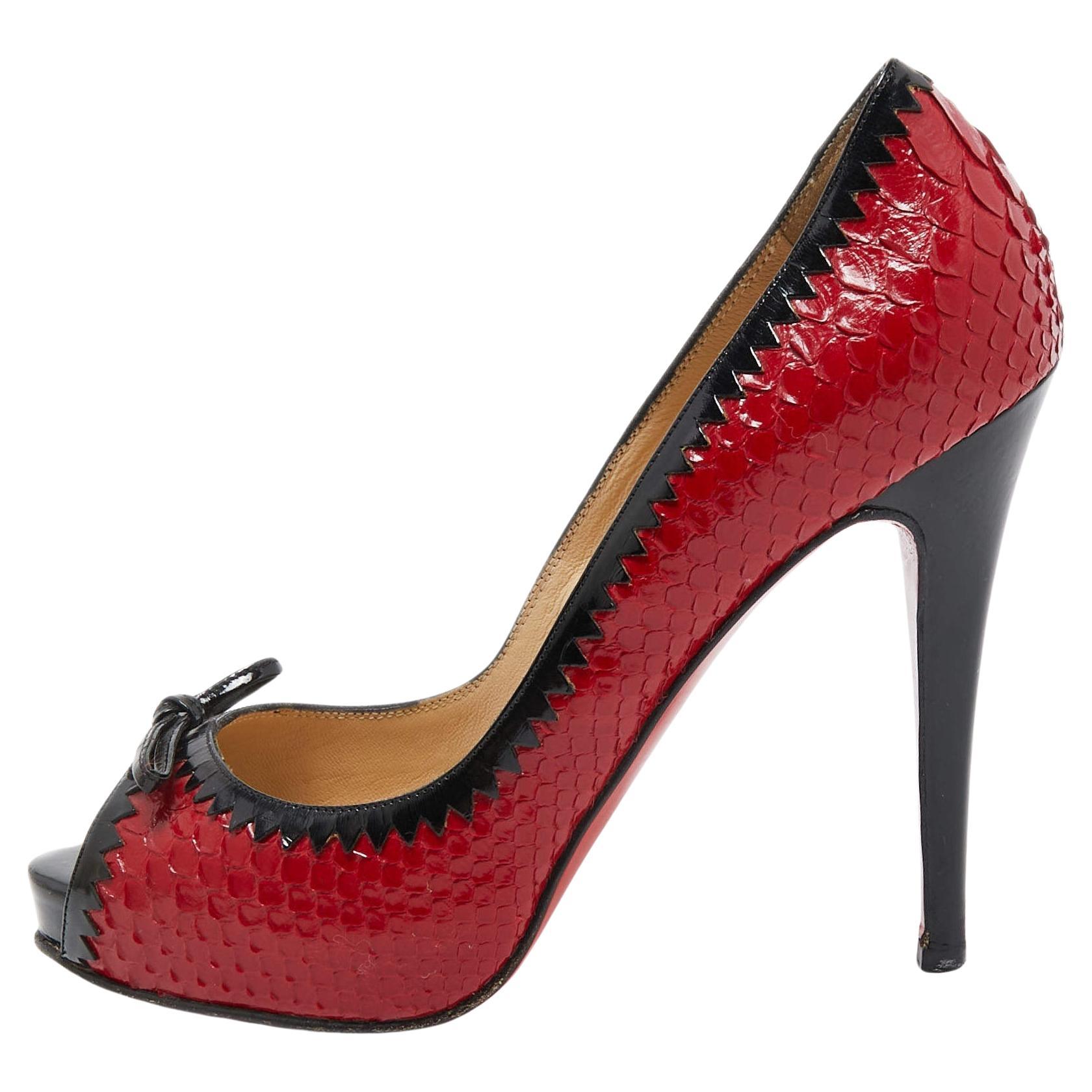 Christian Louboutin Red/Black Python Leather Peep Toe Platform Pumps Size 37 For Sale