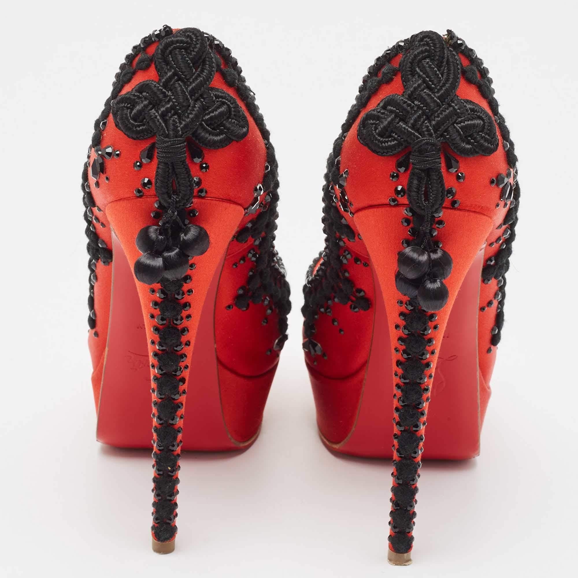 Women's Christian Louboutin Red/Black Satin Torero Peep Toe Platform Pumps Size 36