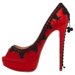 Christian Louboutin Red/Black Satin Torero Peep Toe Platform Pumps Size 40