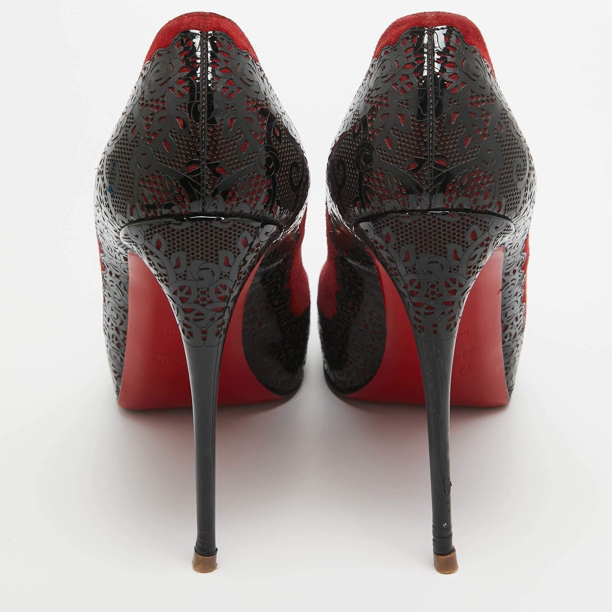 Christian Louboutin Red/Black Suede and Laser Cut Patent Veramucha Pumps Size 41 For Sale 1