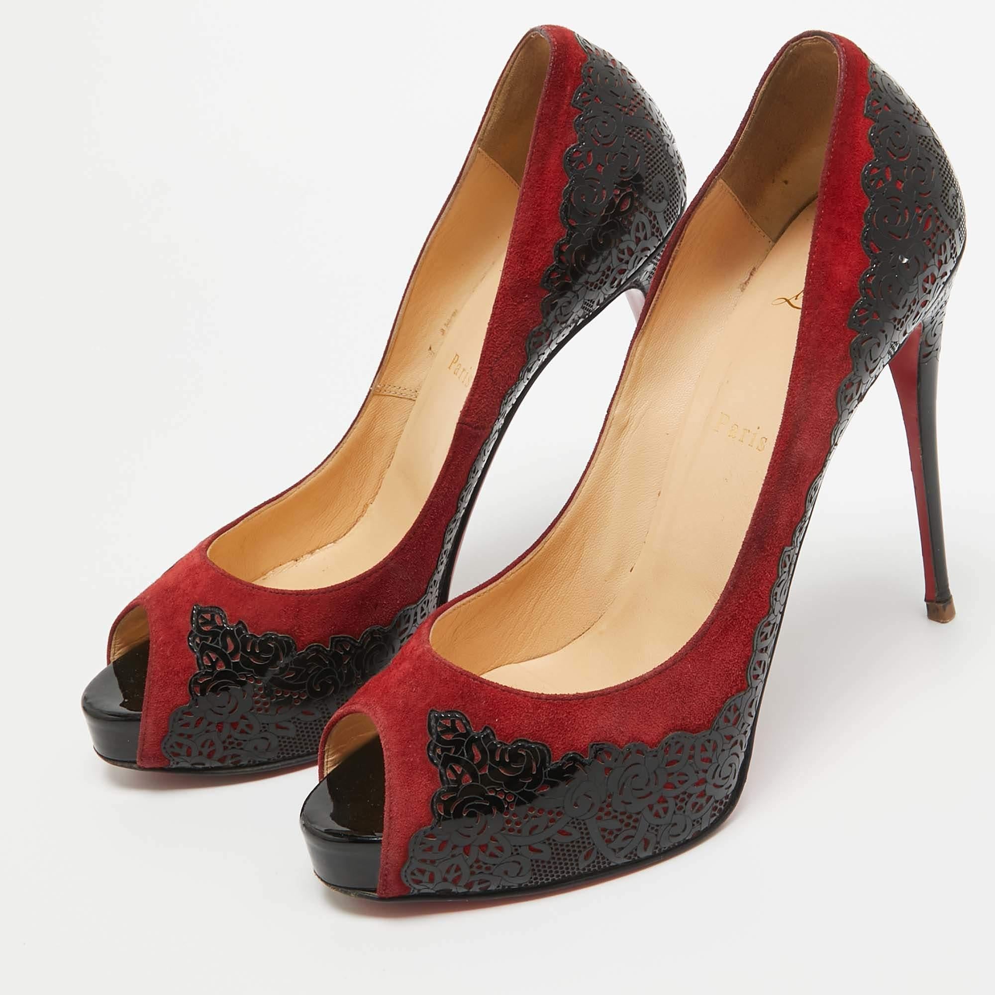 Christian Louboutin Red/Black Suede and Laser Cut Patent Veramucha Pumps Size 41 For Sale 4
