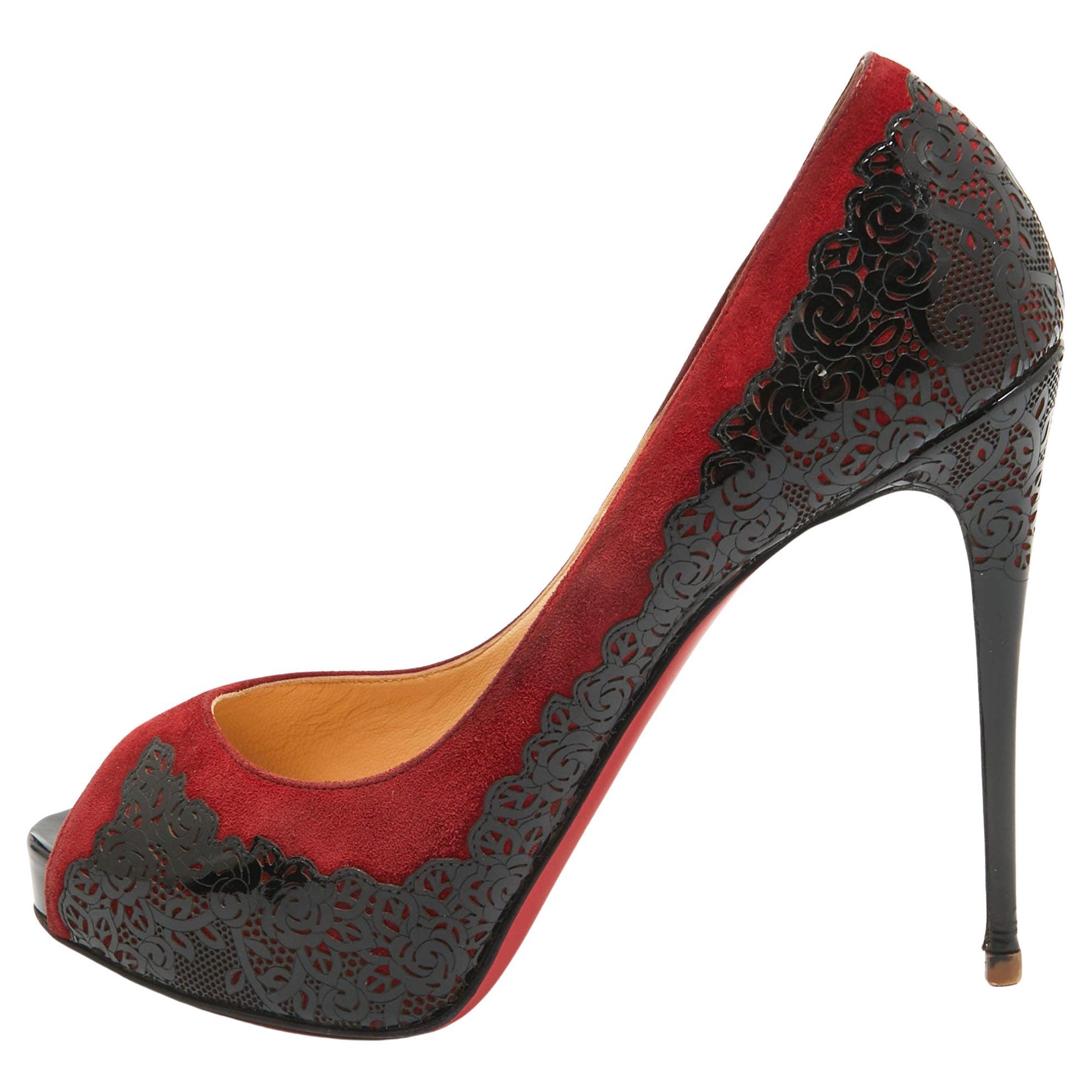 Christian Louboutin Red/Black Suede and Laser Cut Patent Veramucha Pumps Size 41 For Sale