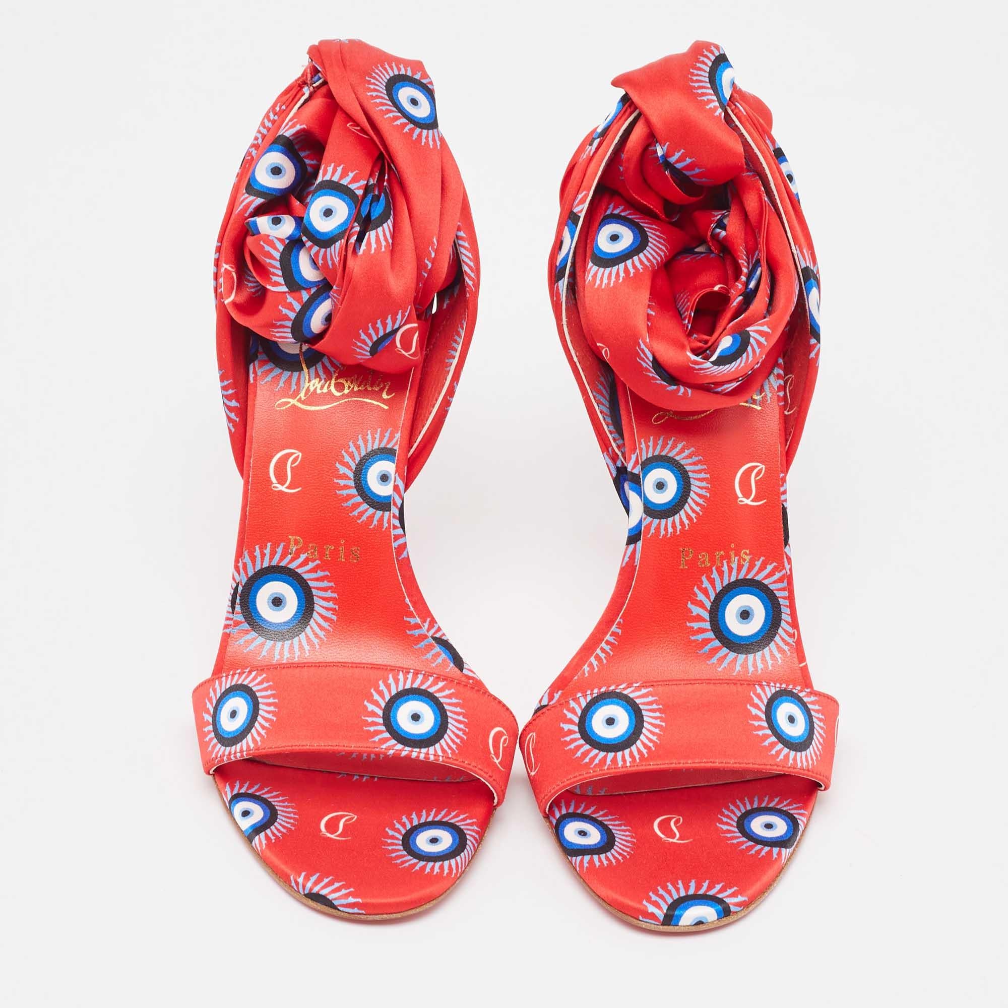 Christian Louboutin Red/Blue Evil Eye Satin Sandale Du Desert Sandals Size 37 In Fair Condition In Dubai, Al Qouz 2