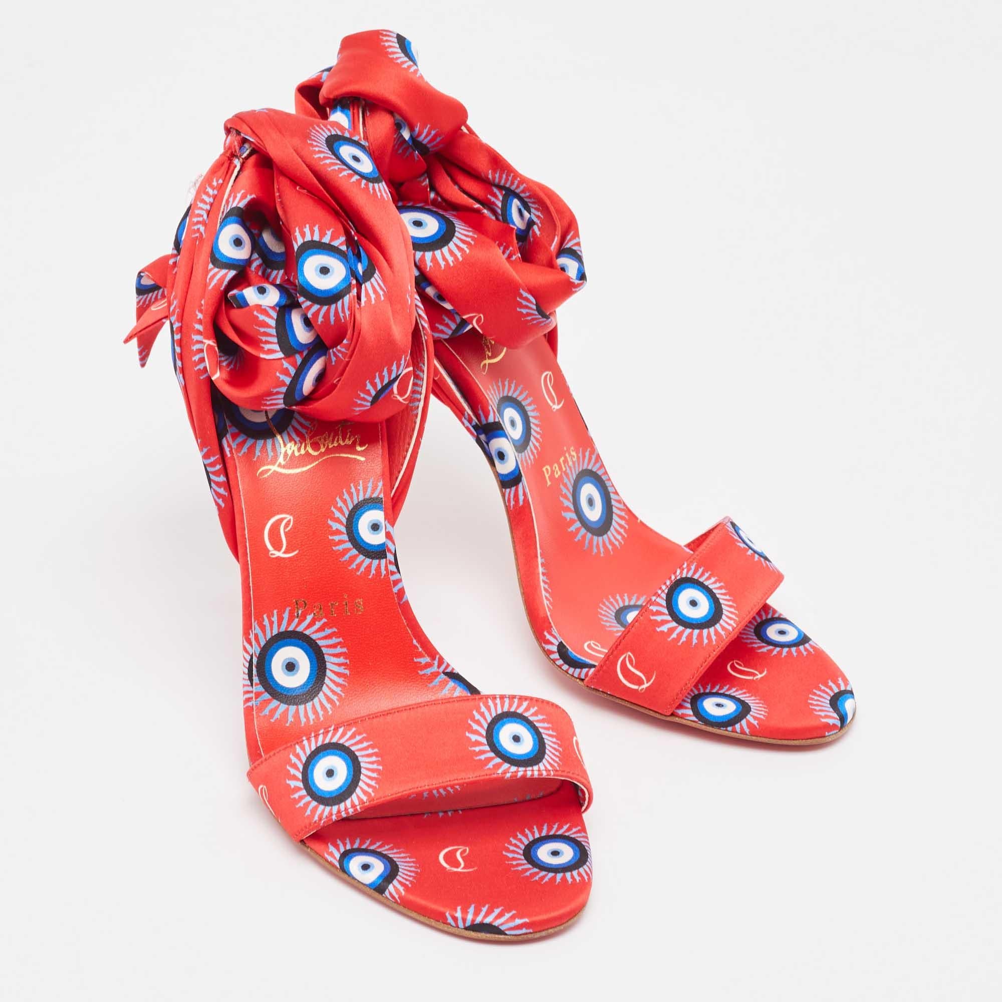 Women's Christian Louboutin Red/Blue Evil Eye Satin Sandale Du Desert Sandals Size 37