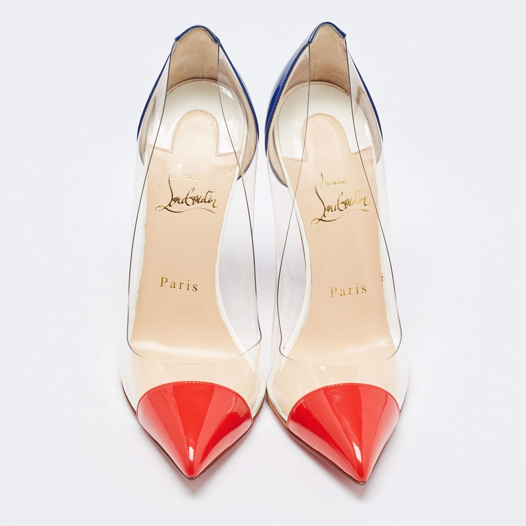 Simple yet classy in design, these Christian Louboutin Debout pumps have been crafted from clear PVC and leather. They carry a red pointed cap toe and a blue closed back with comfortable leather interiors. Complete with stiletto heels and their