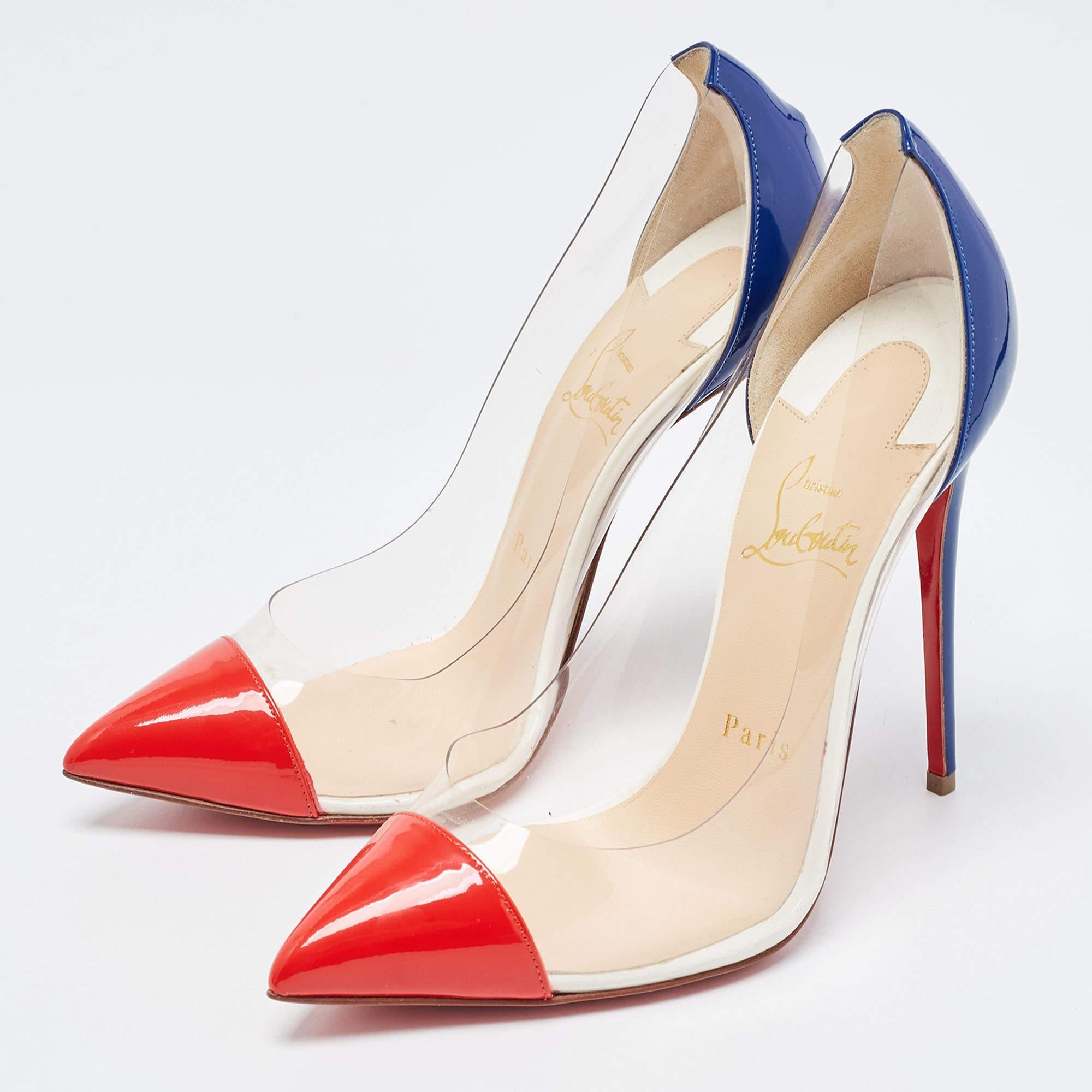 Christian Louboutin Red/Blue Patent Leather and PVC Debout Pumps Size 37 In New Condition In Dubai, Al Qouz 2
