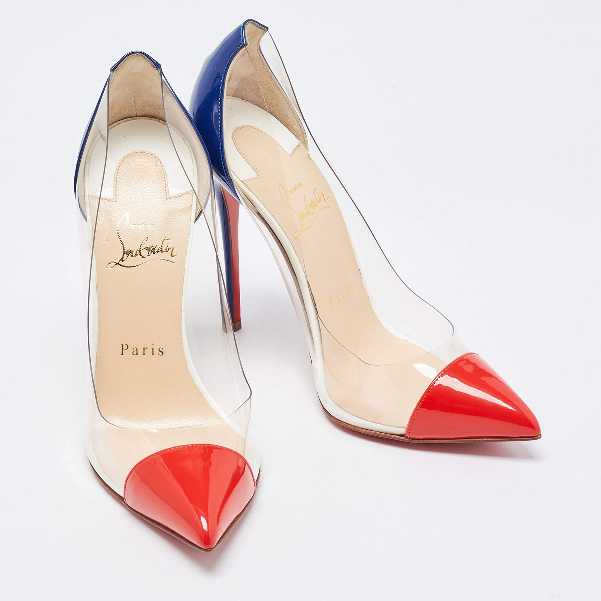 Women's Christian Louboutin Red/Blue Patent Leather and PVC Debout Pumps Size 37