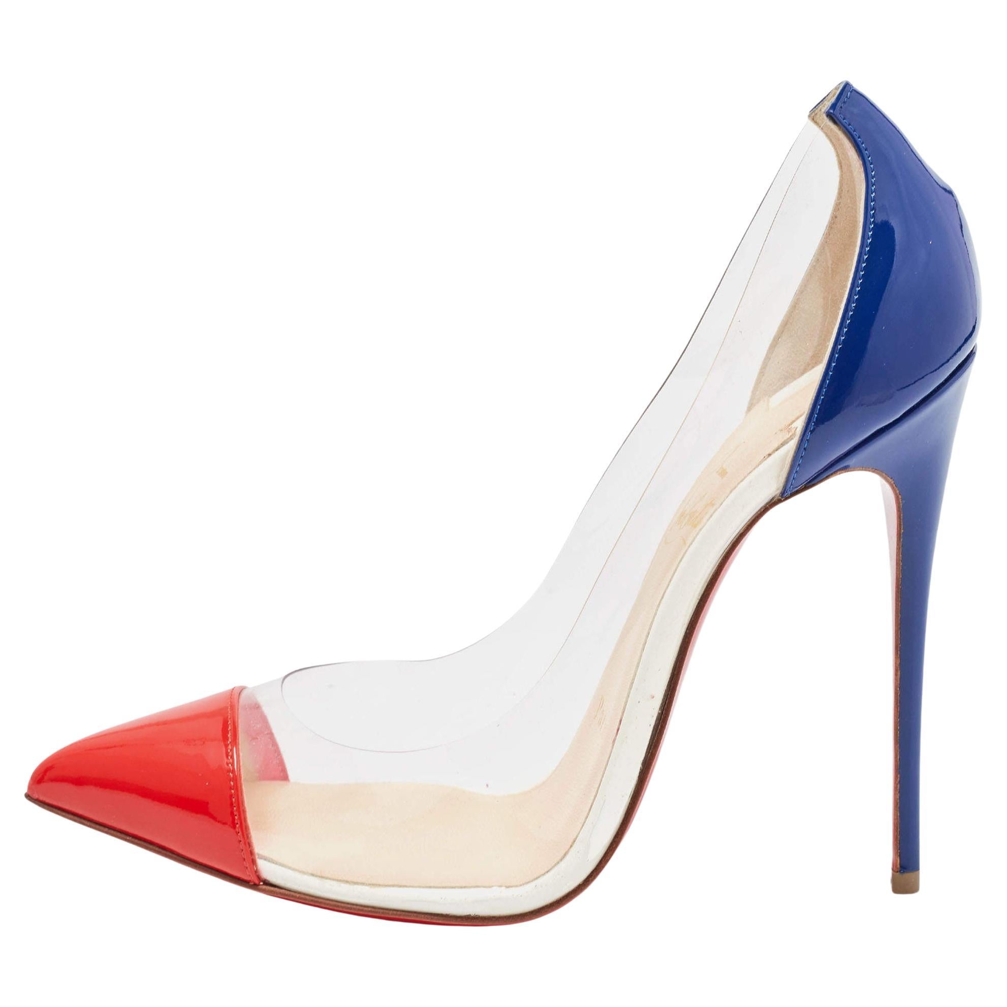 Christian Louboutin Red/Blue Patent Leather and PVC Debout Pumps Size 37
