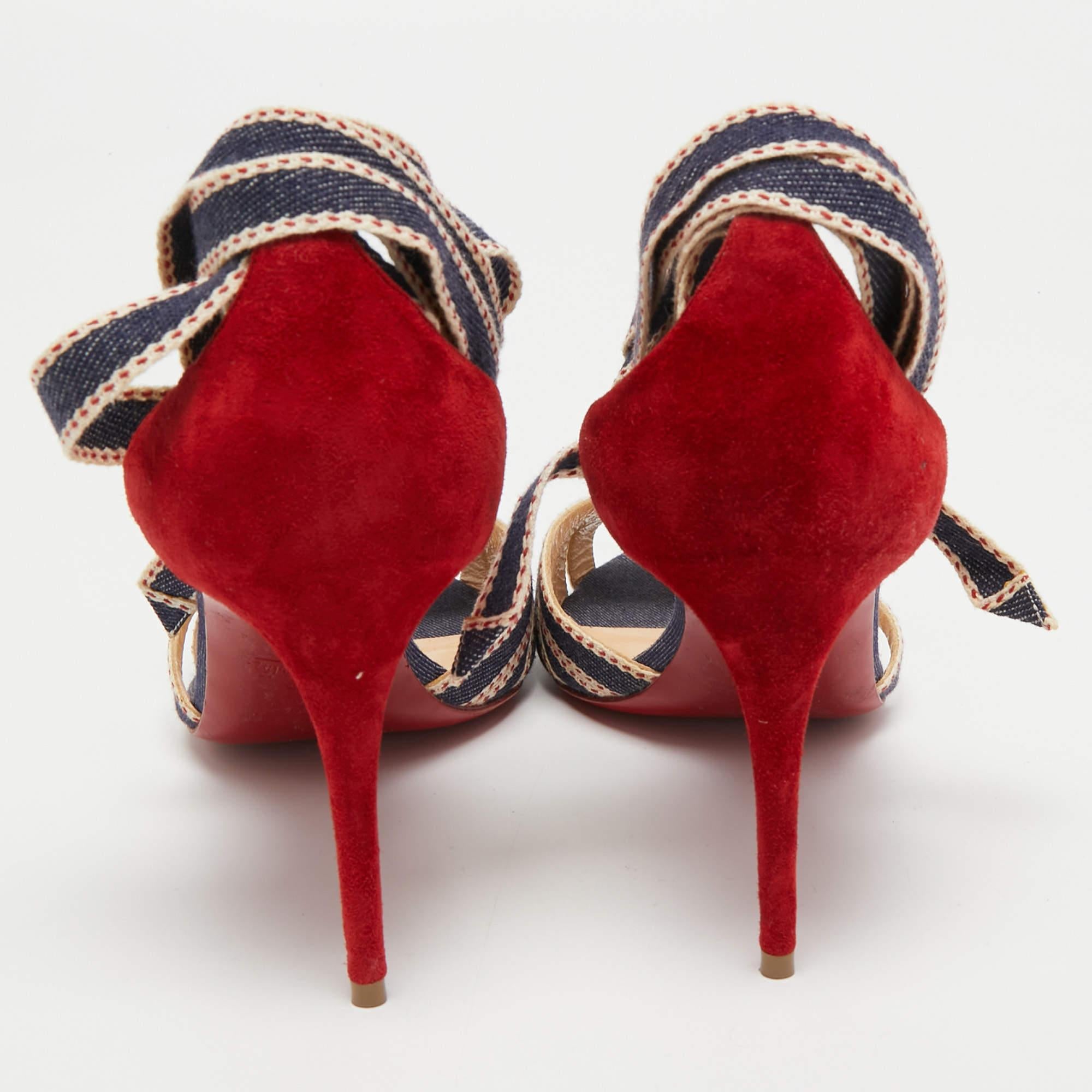 Christian Louboutin Red/Blue Suede and Denim Christeriva Sandals Size 40 In Good Condition In Dubai, Al Qouz 2