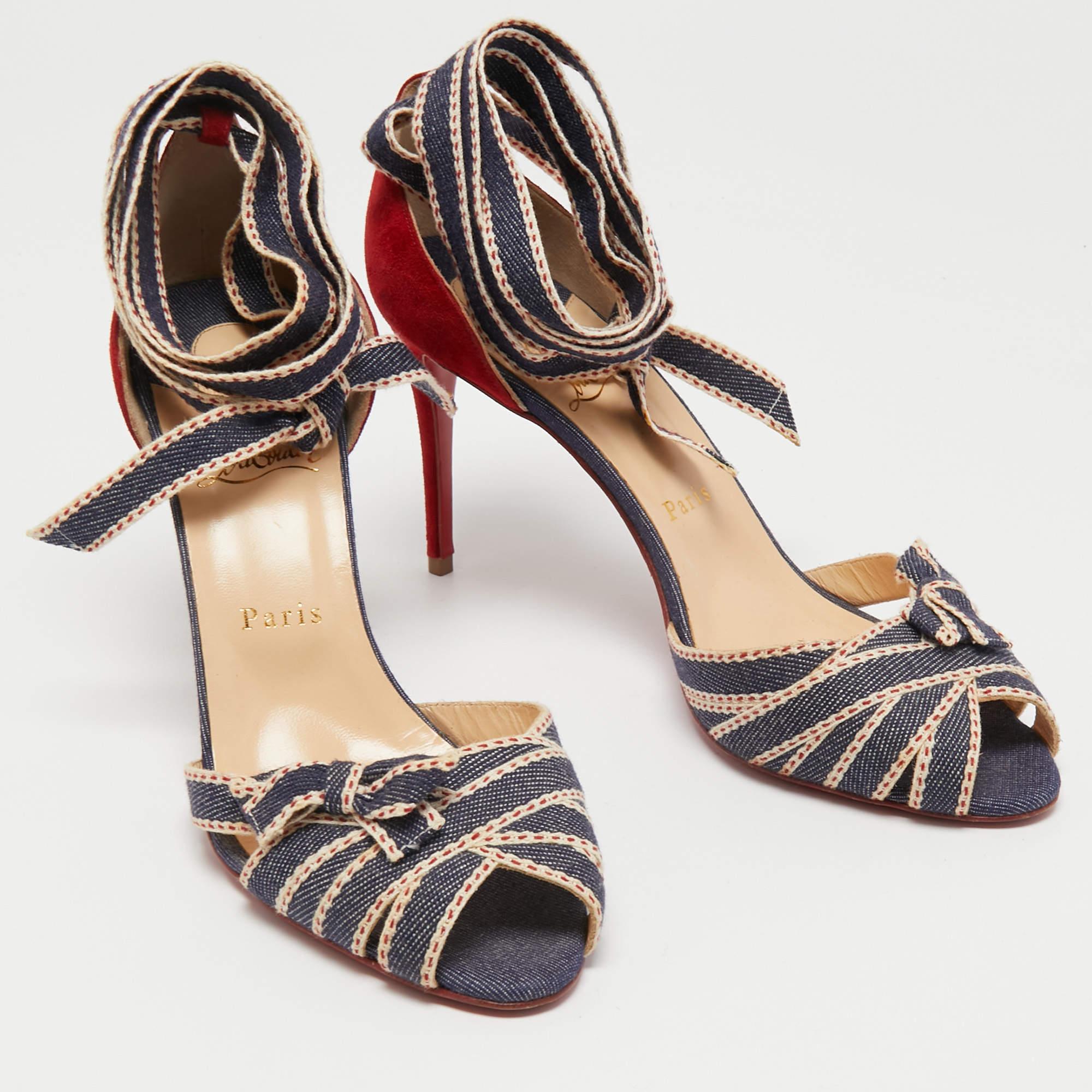 Christian Louboutin Red/Blue Suede and Denim Christeriva Sandals Size 40 1