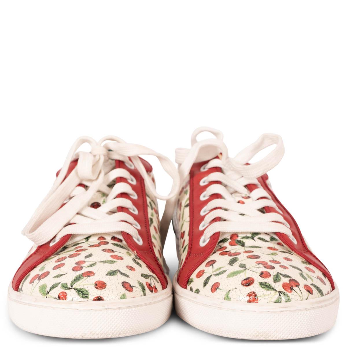 100% authentic Christian Louboutin 2017 Seava cherry print sneakers in cream shiny leather with a green metallic leather heel and red leather accents. Have been worn and are in excellent condition. Come with dust bag. 

Measurements
Imprinted