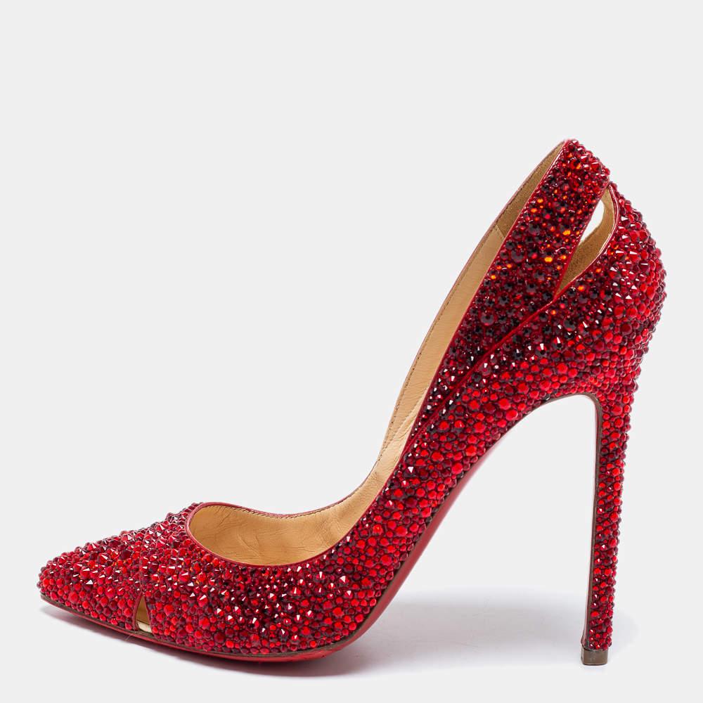 Christian Louboutin Red Cut-Out Leather Strass Degrade Pumps Size 37 In Good Condition In Dubai, Al Qouz 2