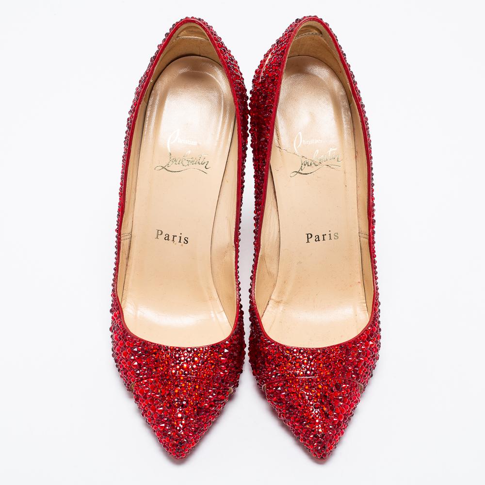 Women's Christian Louboutin Red Cut-Out Leather Strass Degrade Pumps Size 37