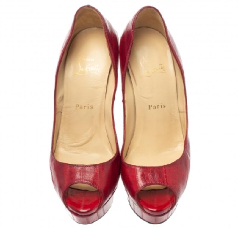Brown Christian Louboutin Red Eel Leather Lady Peep Toe Platform Pumps Size 39 For Sale