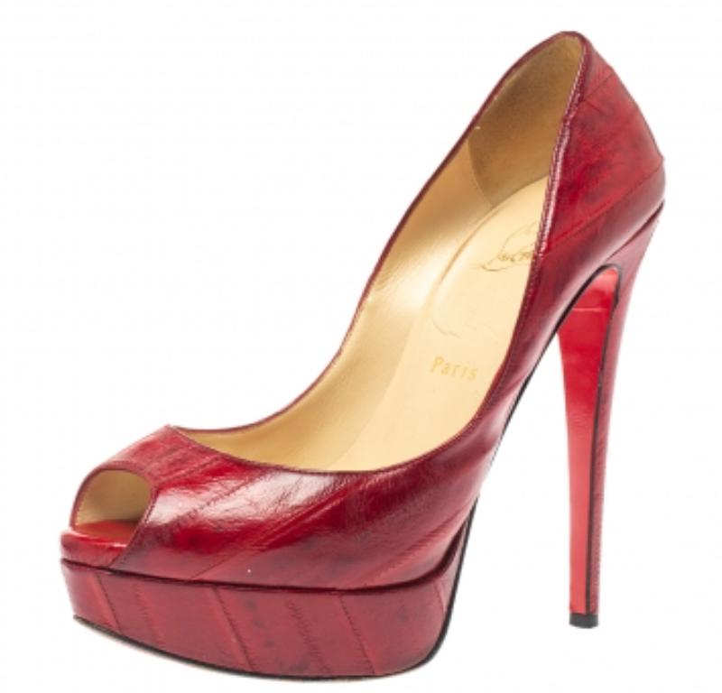 Christian Louboutin Red Eel Leather Lady Peep Toe Platform Pumps Size 39 In Good Condition For Sale In Dubai, Al Qouz 2