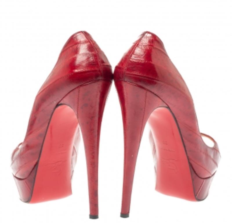 Christian Louboutin Red Eel Leather Lady Peep Toe Platform Pumps Size 39 For Sale 1
