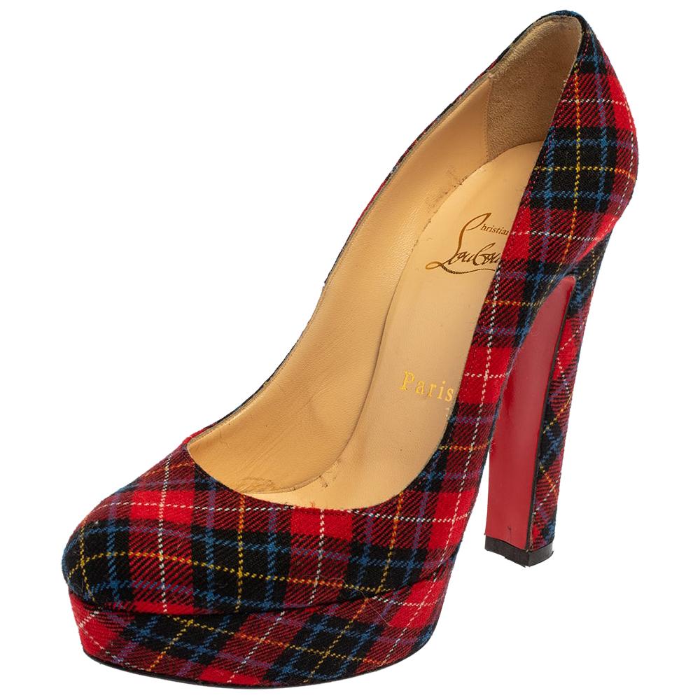 Christian Louboutin Red Fabric Bibi Flannel Plaid Platform Pumps Size 38