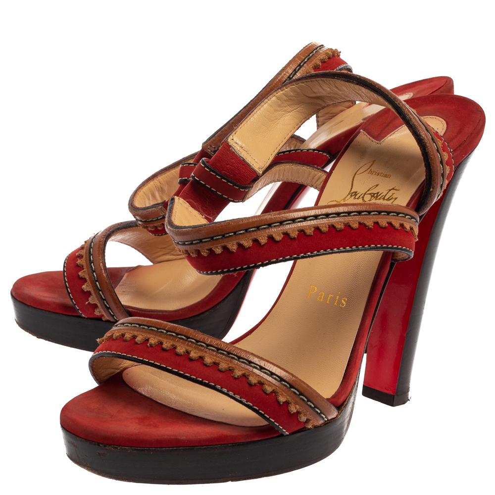Christian Louboutin Red Leather And Suede Trepi City Sandals Size 38.5 In Fair Condition In Dubai, Al Qouz 2