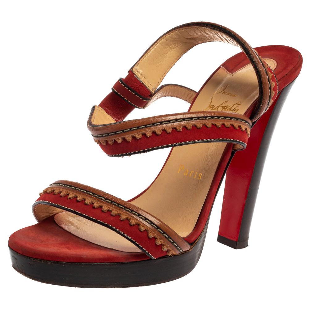 Christian Louboutin Red Leather And Suede Trepi City Sandals Size 38.5