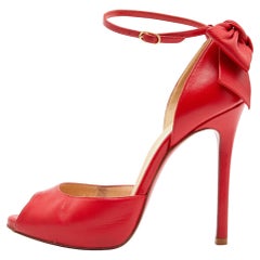 Christian Louboutin Red Leather Dos Noeud Bow Ankle Strap Pumps Size 36.5