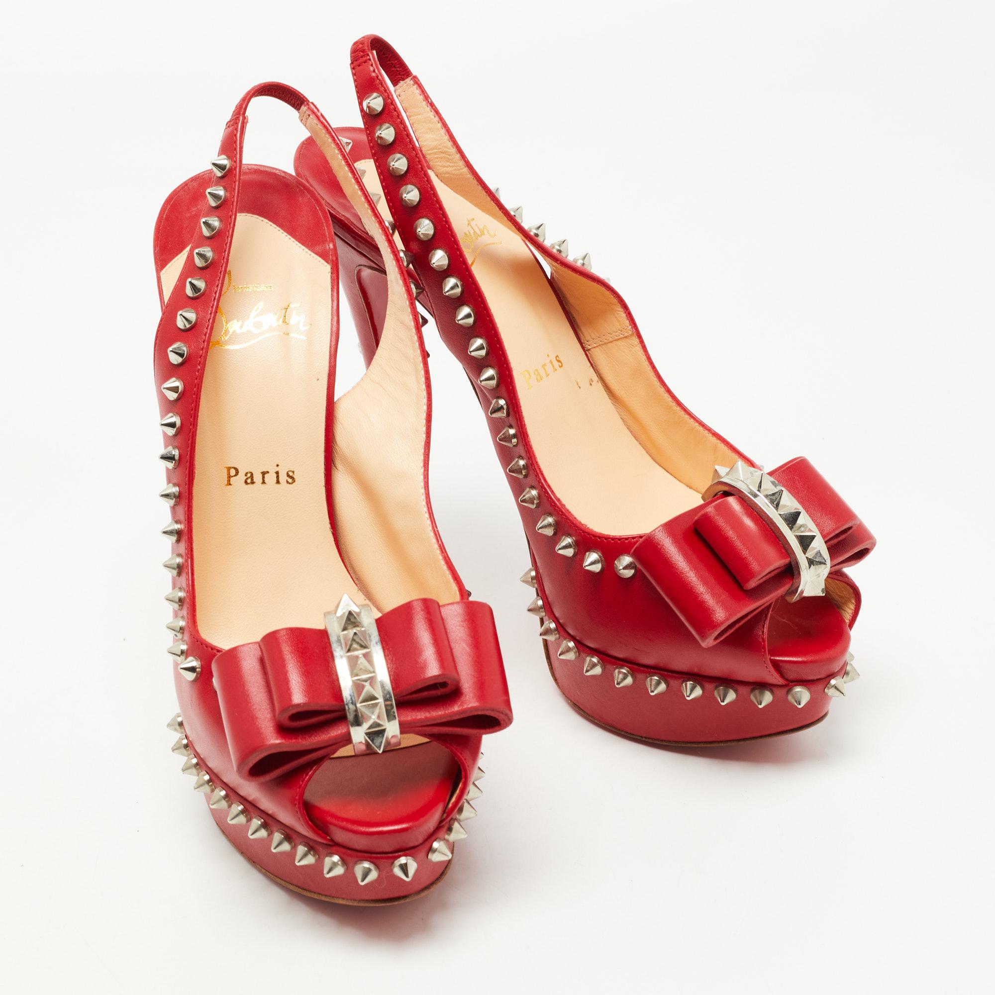 Christian Louboutin Red Leather Lady Clou Slingback Pumps Size 38.5 In Good Condition In Dubai, Al Qouz 2
