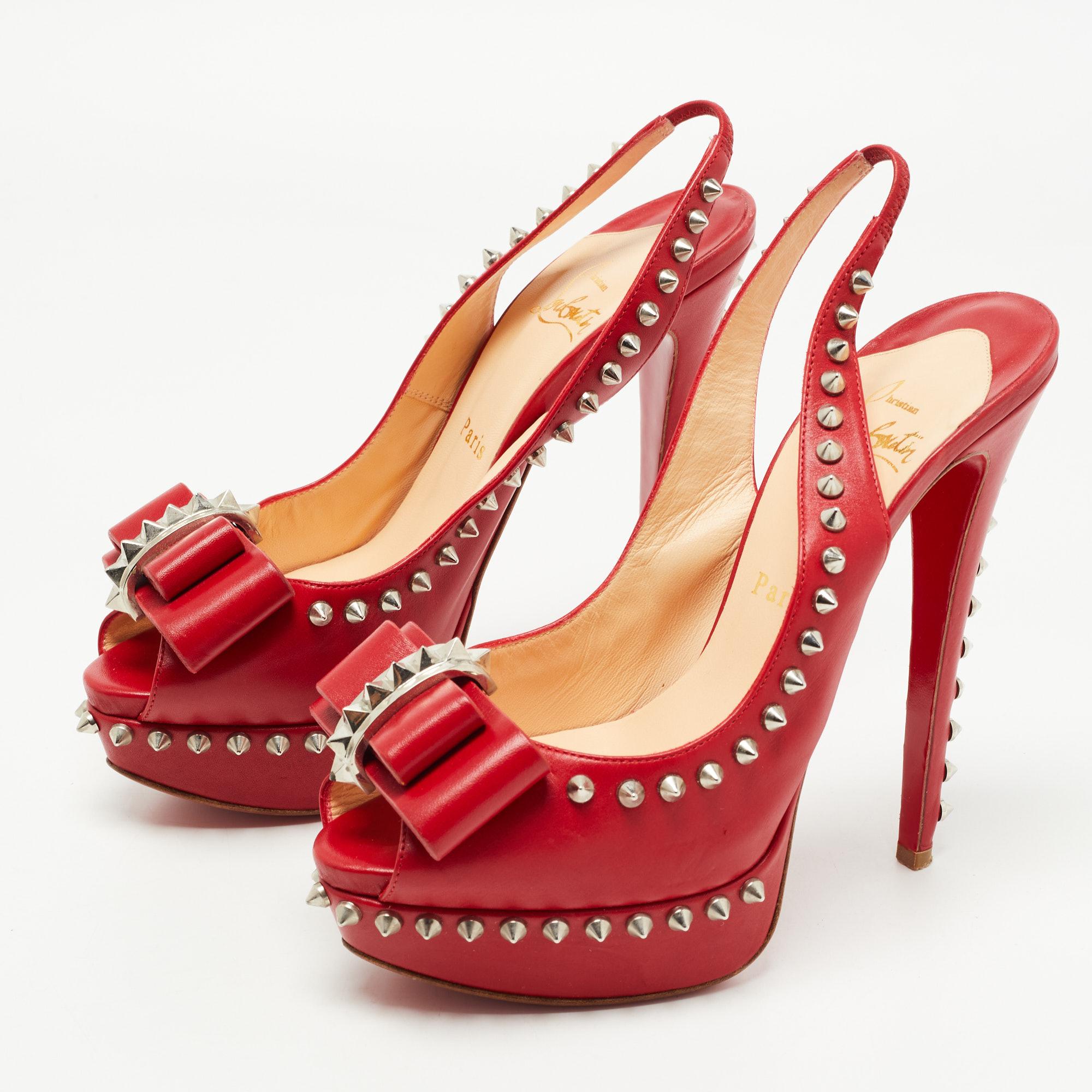 Women's Christian Louboutin Red Leather Lady Clou Slingback Pumps Size 38.5