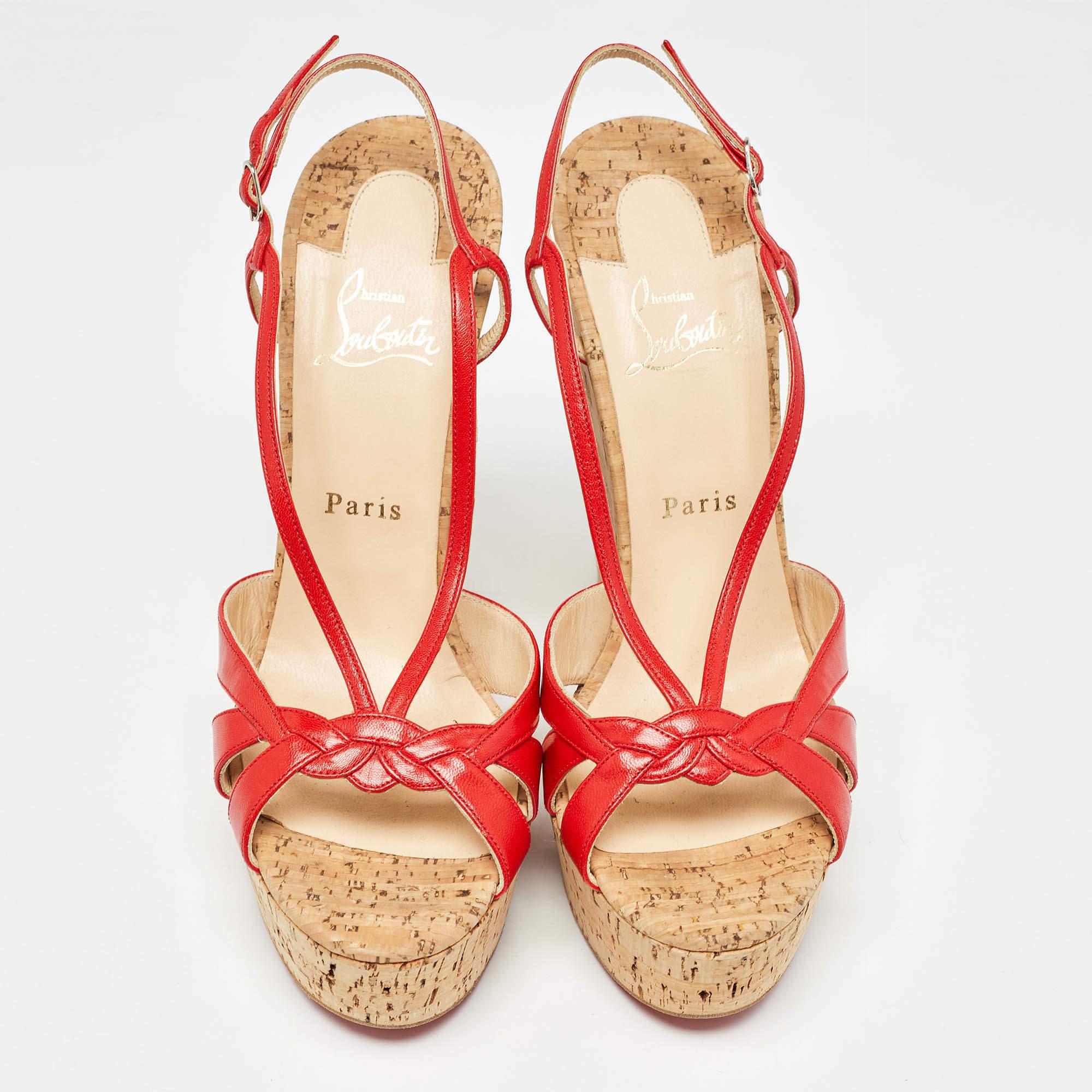 Beige Christian Louboutin Sandali con zeppa in pelle rossa e sughero taglia 40