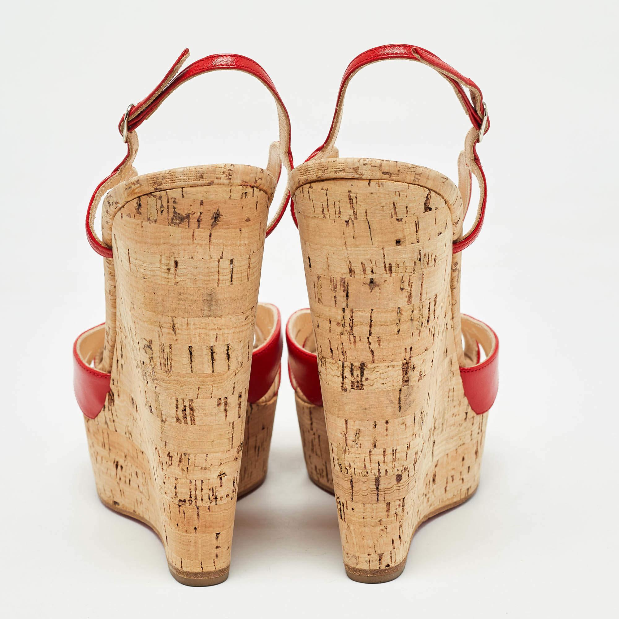 Donna Christian Louboutin Sandali con zeppa in pelle rossa e sughero taglia 40