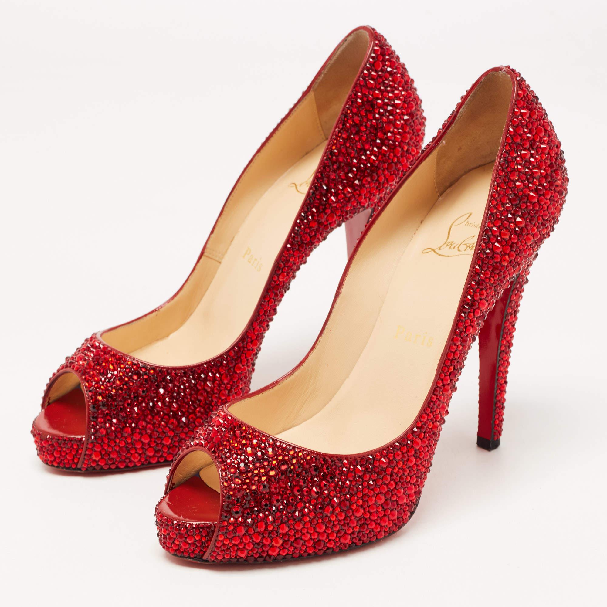 Women's Christian Louboutin Red Leather Strass Very Prive Pumps Size 37.5 For Sale