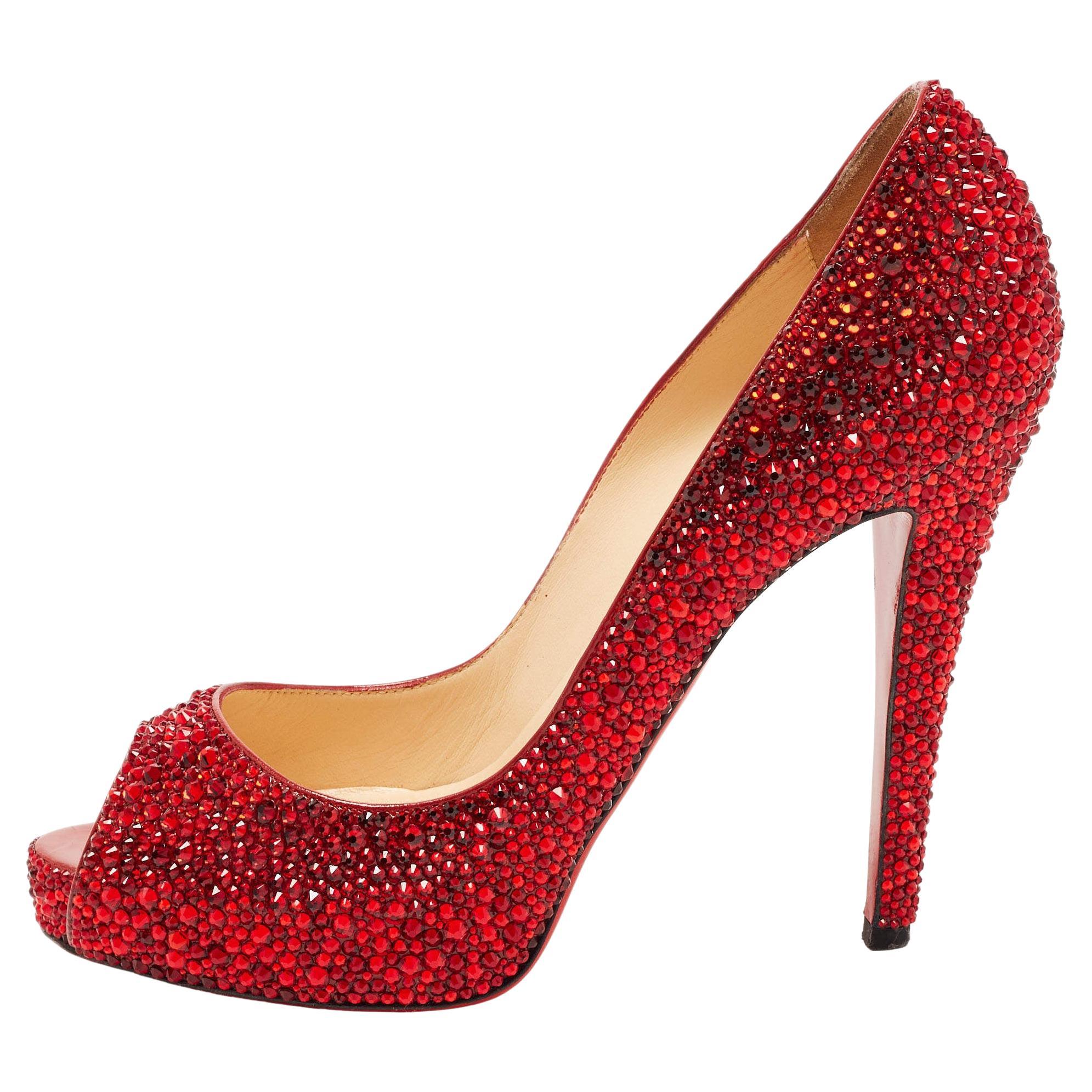 Christian Louboutin Red Leather Strass Very Prive Pumps Size 37.5 For Sale