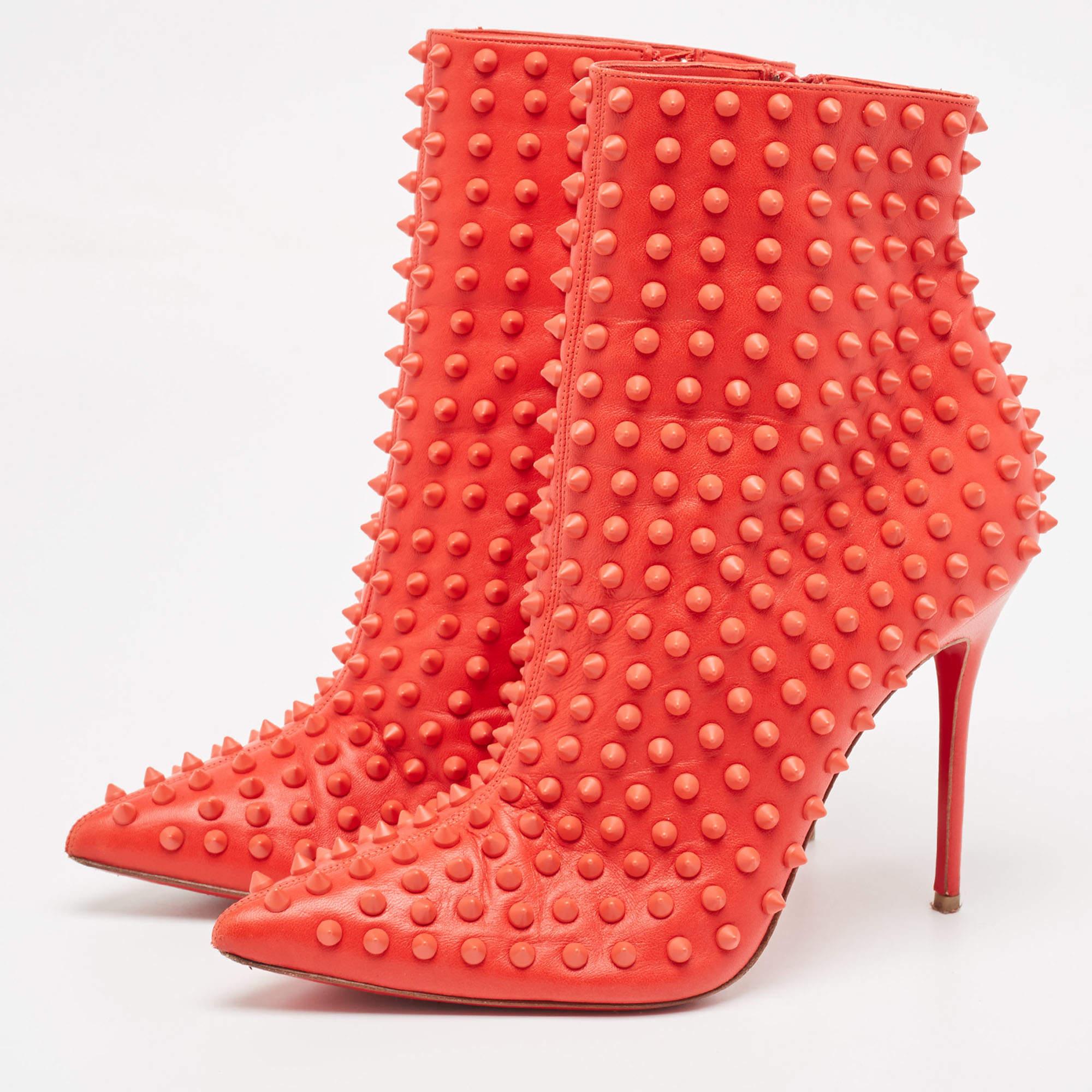 Women's Christian Louboutin Red Leather Studded Ankle Boots Size 39 For Sale