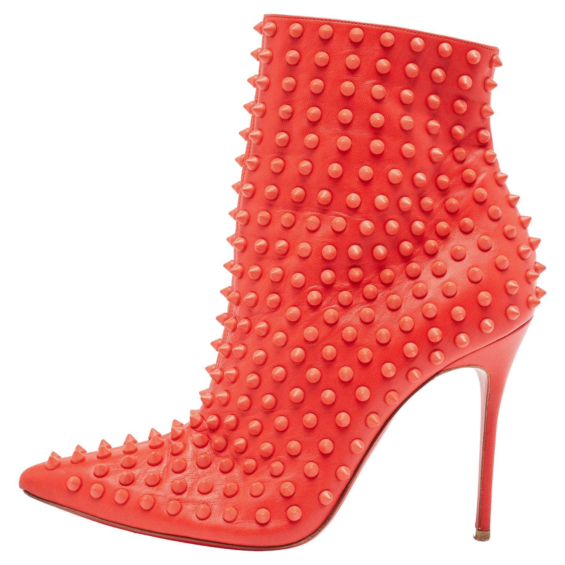 Christian Louboutin Red Leather Studded Ankle Boots Size 39 For Sale