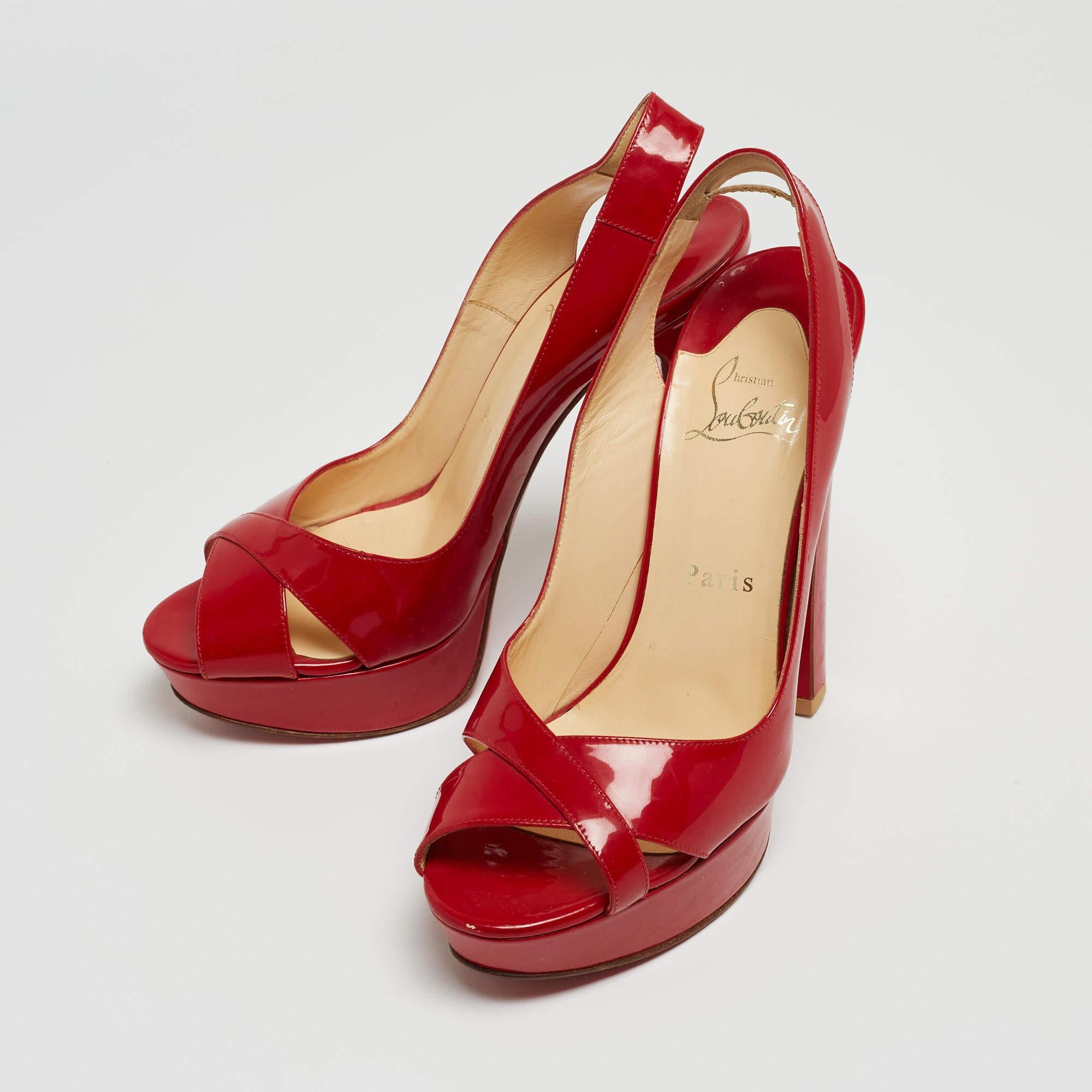 Christian Louboutin Red Marpoil Peep Toe Platform Slingback Sandals Size 37.5 For Sale 3