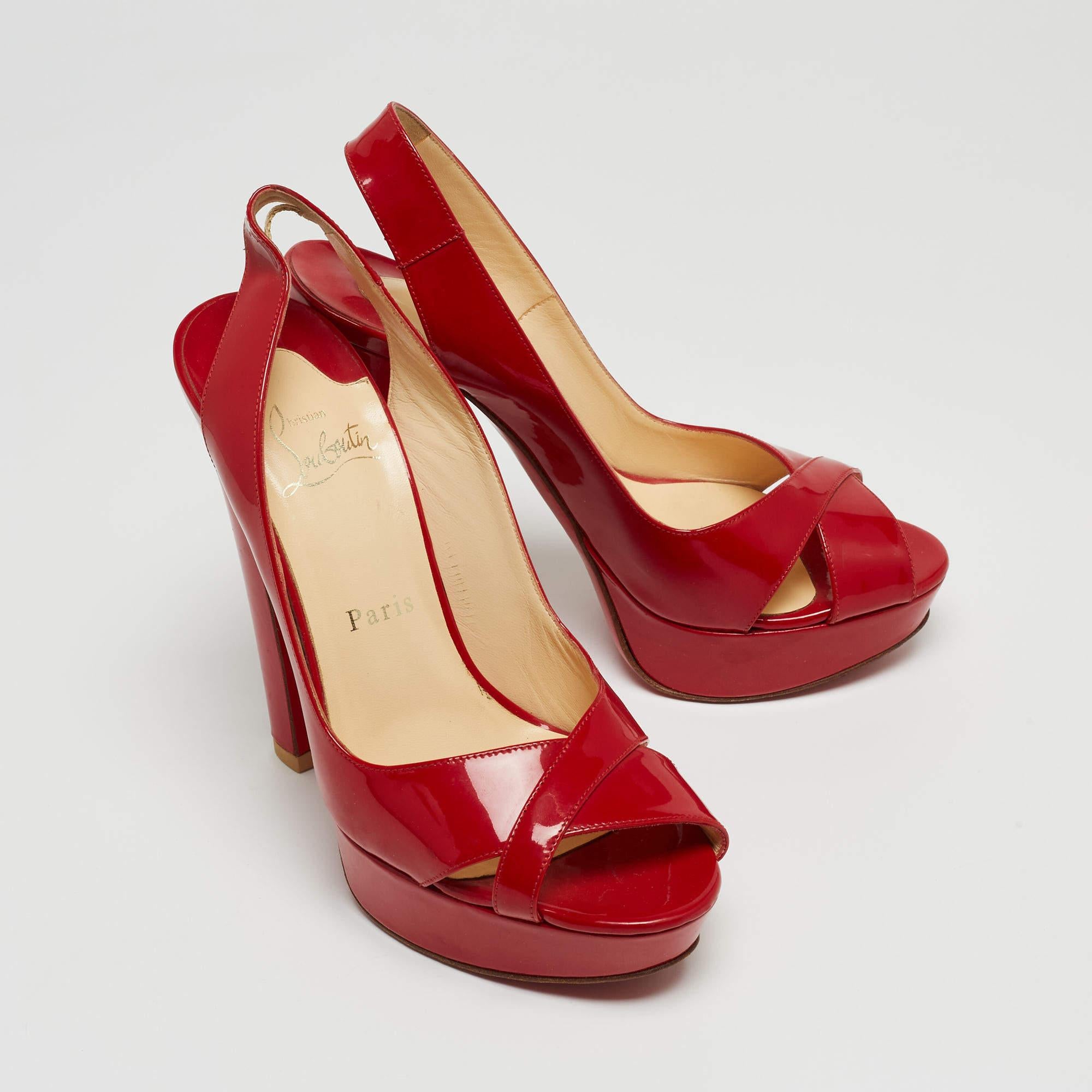 Christian Louboutin Red Marpoil Peep Toe Platform Slingback Sandals Size 37.5 For Sale 4