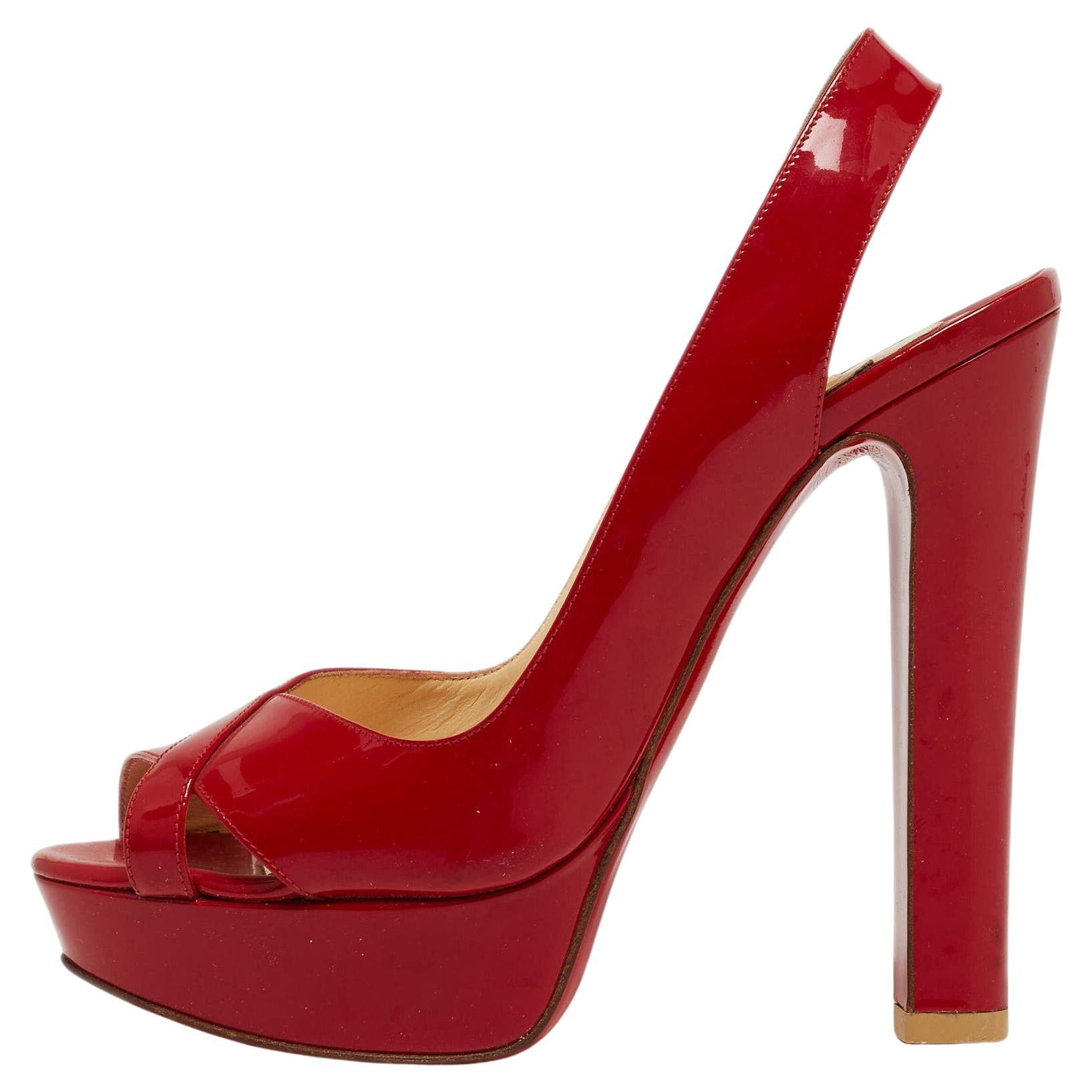 Christian Louboutin Red Marpoil Peep Toe Platform Slingback Sandals Size 37.5 For Sale