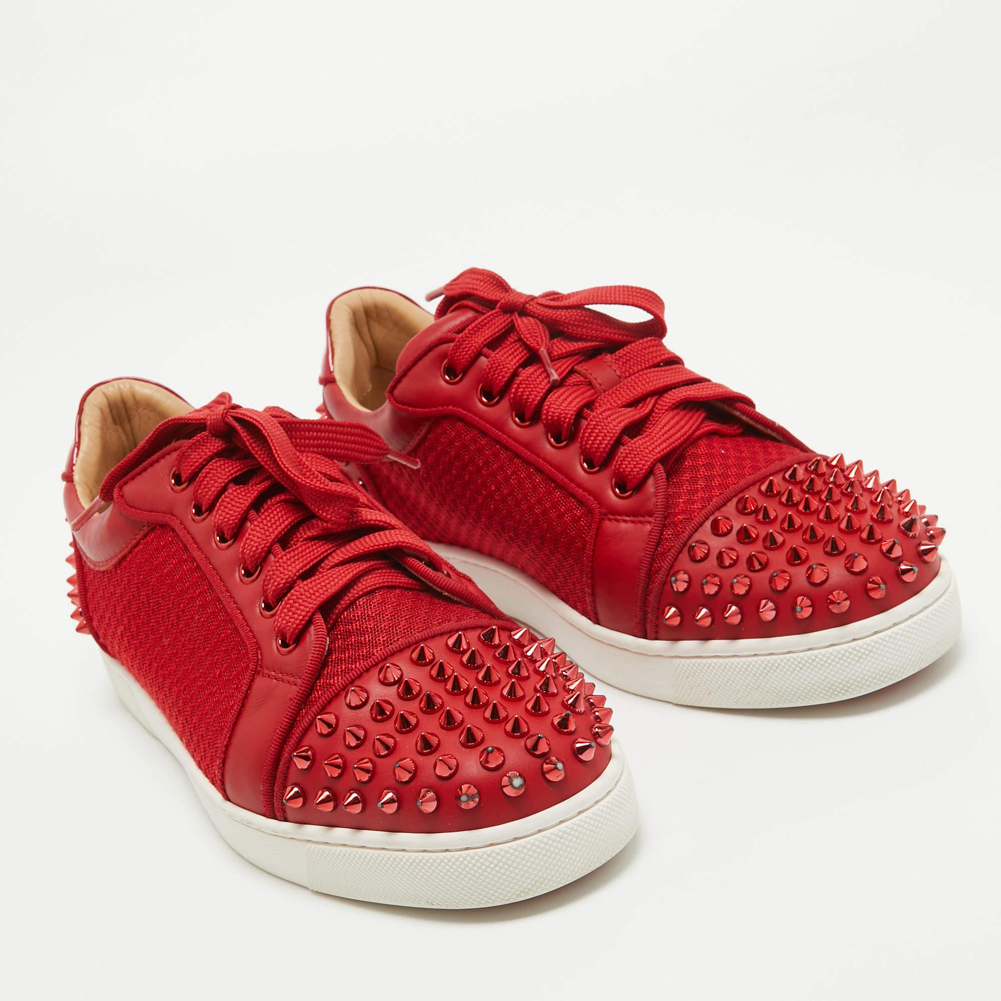 Christian Louboutin Red Mesh and Leather Vieira Spikes Low Top Sneakers Size 39 In Excellent Condition In Dubai, Al Qouz 2