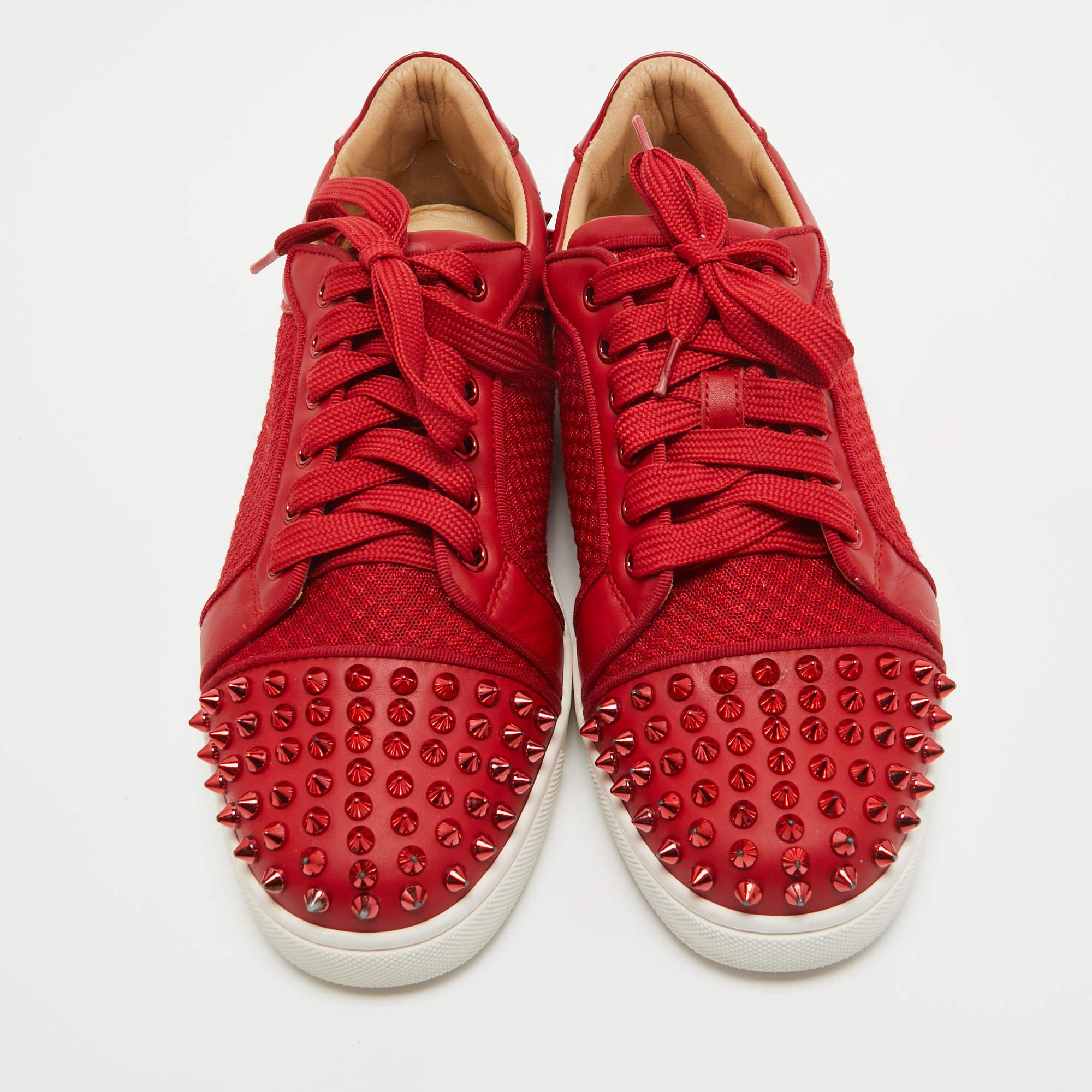 Christian Louboutin Red Mesh and Leather Vieira Spikes Low Top Sneakers Size 39 1