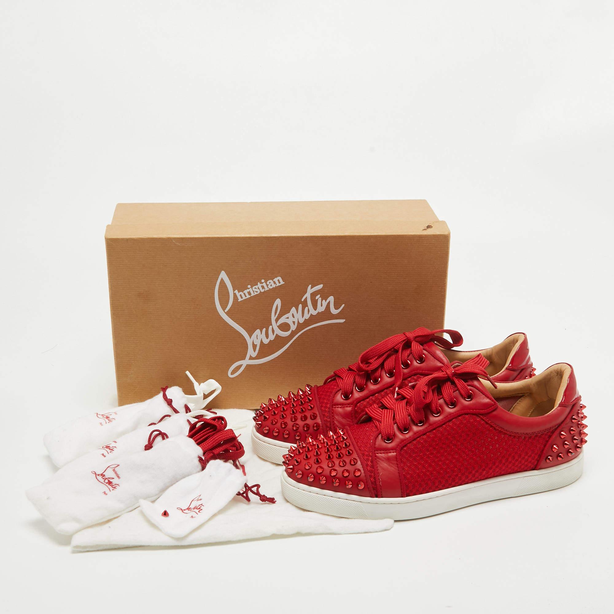 Christian Louboutin Red Mesh and Leather Vieira Spikes Low Top Sneakers Size 39 5