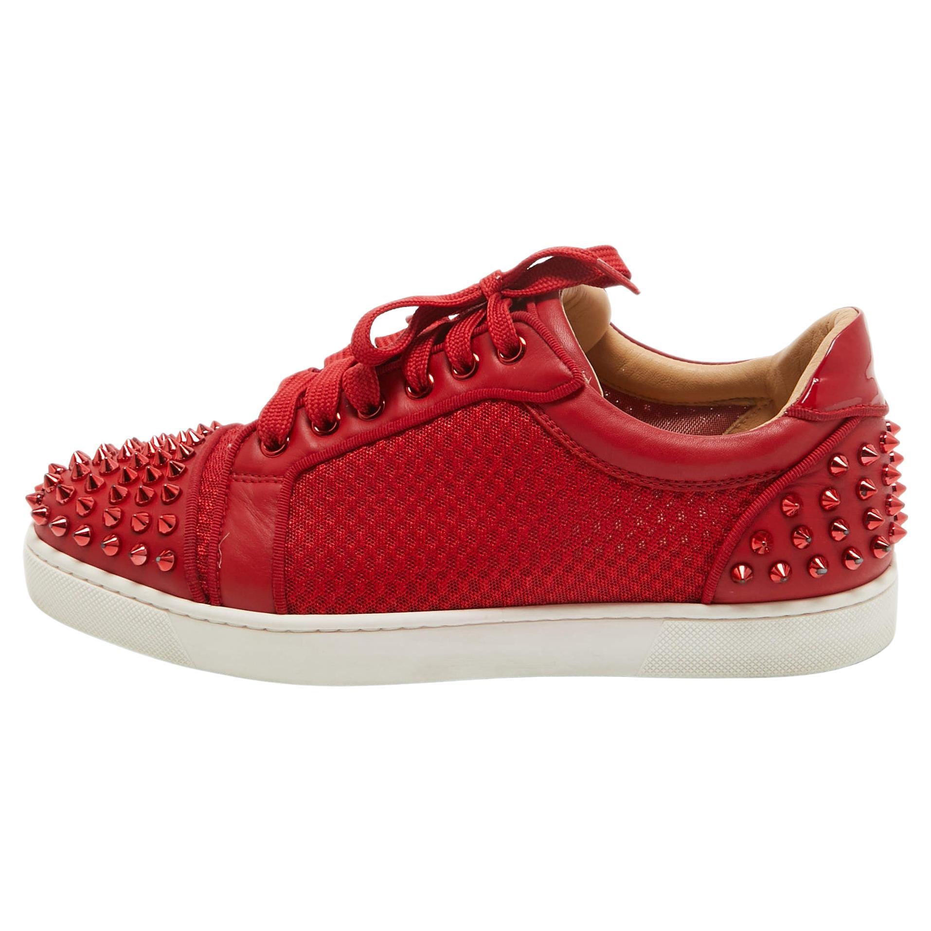 Christian Louboutin Red Mesh and Leather Vieira Spikes Low Top Sneakers Size 39