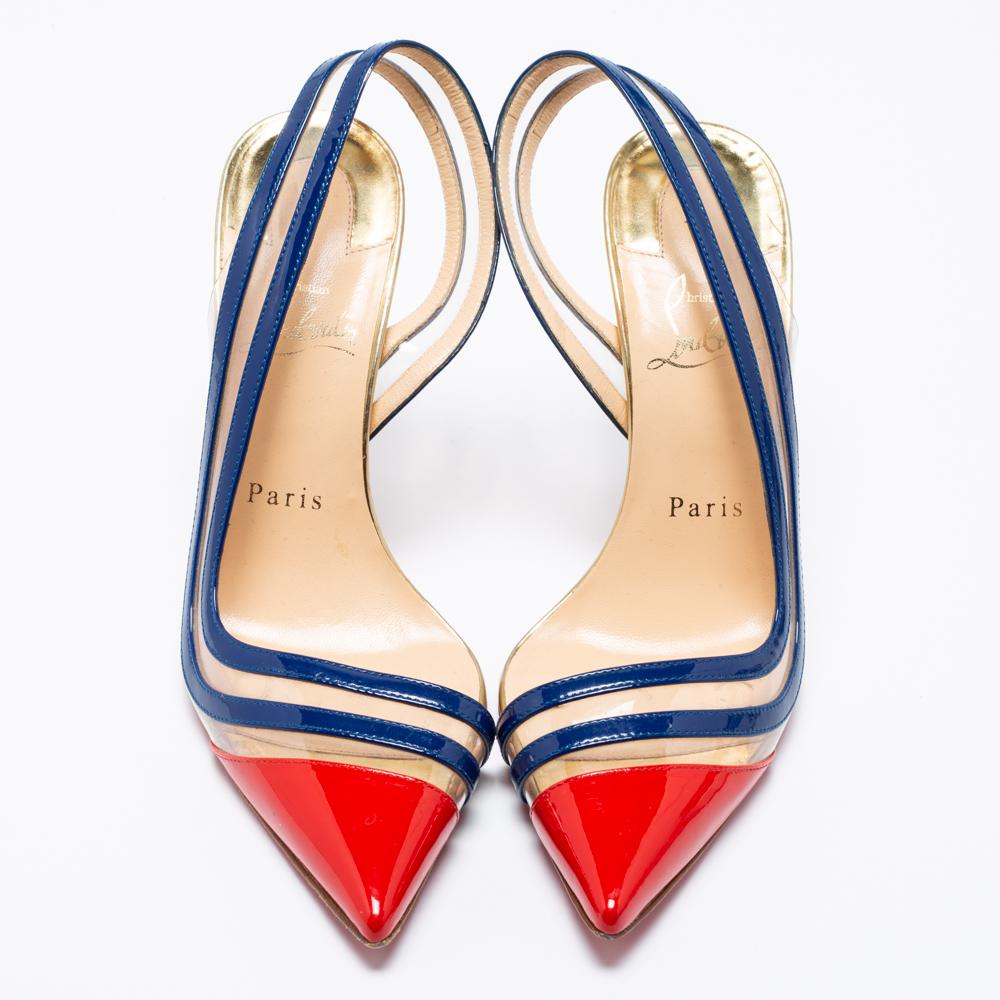 Transform into a style diva when you wear these lovely Christian Louboutin pumps. They are crafted from patent leather and PVC and styled with pointed toes. They are equipped with slingbacks and comfortable leather-lined insoles and elevated on 10