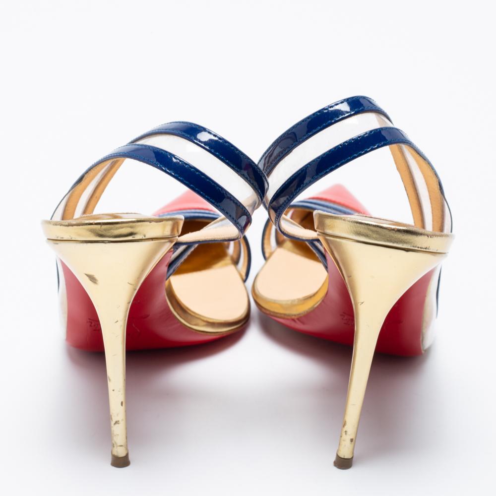 Beige Christian Louboutin Red/Navy Blue Patent Leather and PVC Slingback Pump Size 37