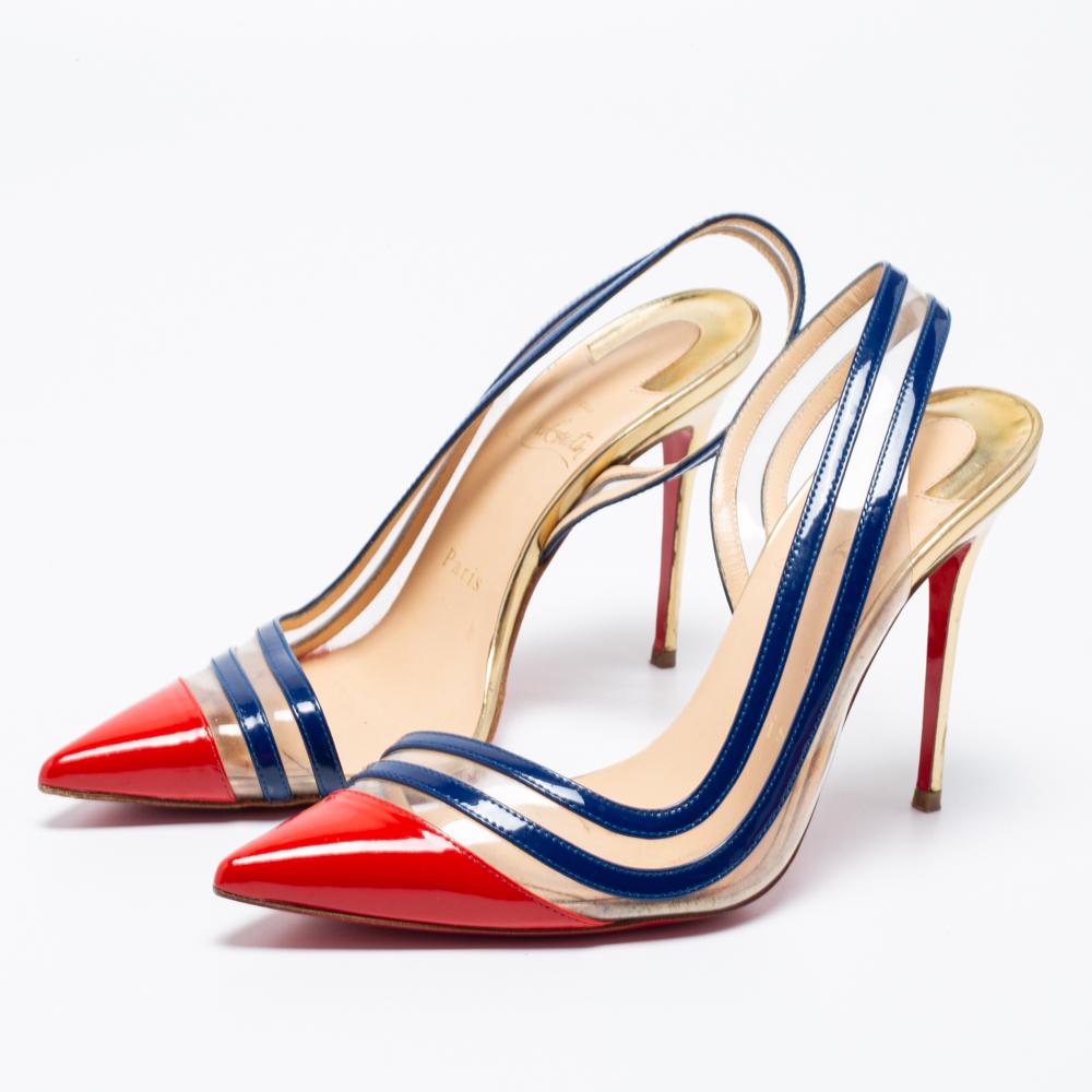 Christian Louboutin Red/Navy Blue Patent Leather and PVC Slingback Pump Size 37 In Good Condition In Dubai, Al Qouz 2