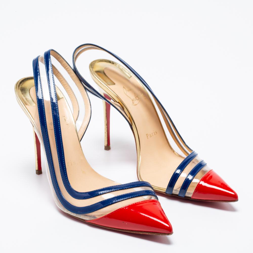 Women's Christian Louboutin Red/Navy Blue Patent Leather and PVC Slingback Pump Size 37