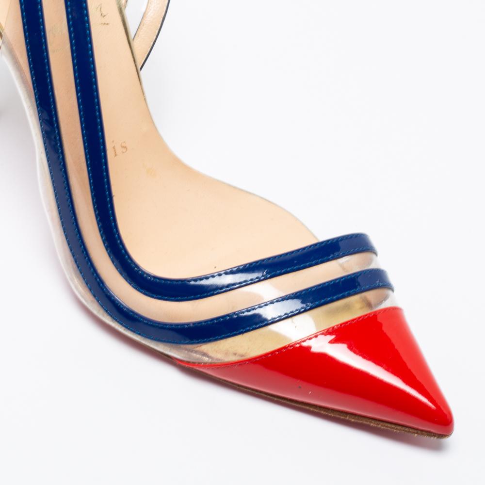 Christian Louboutin Red/Navy Blue Patent Leather and PVC Slingback Pump Size 37 2