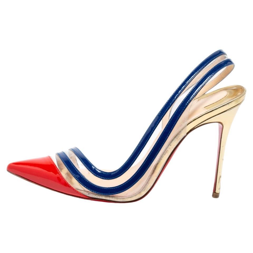 Christian Louboutin Red/Navy Blue Patent Leather and PVC Slingback Pump Size 37