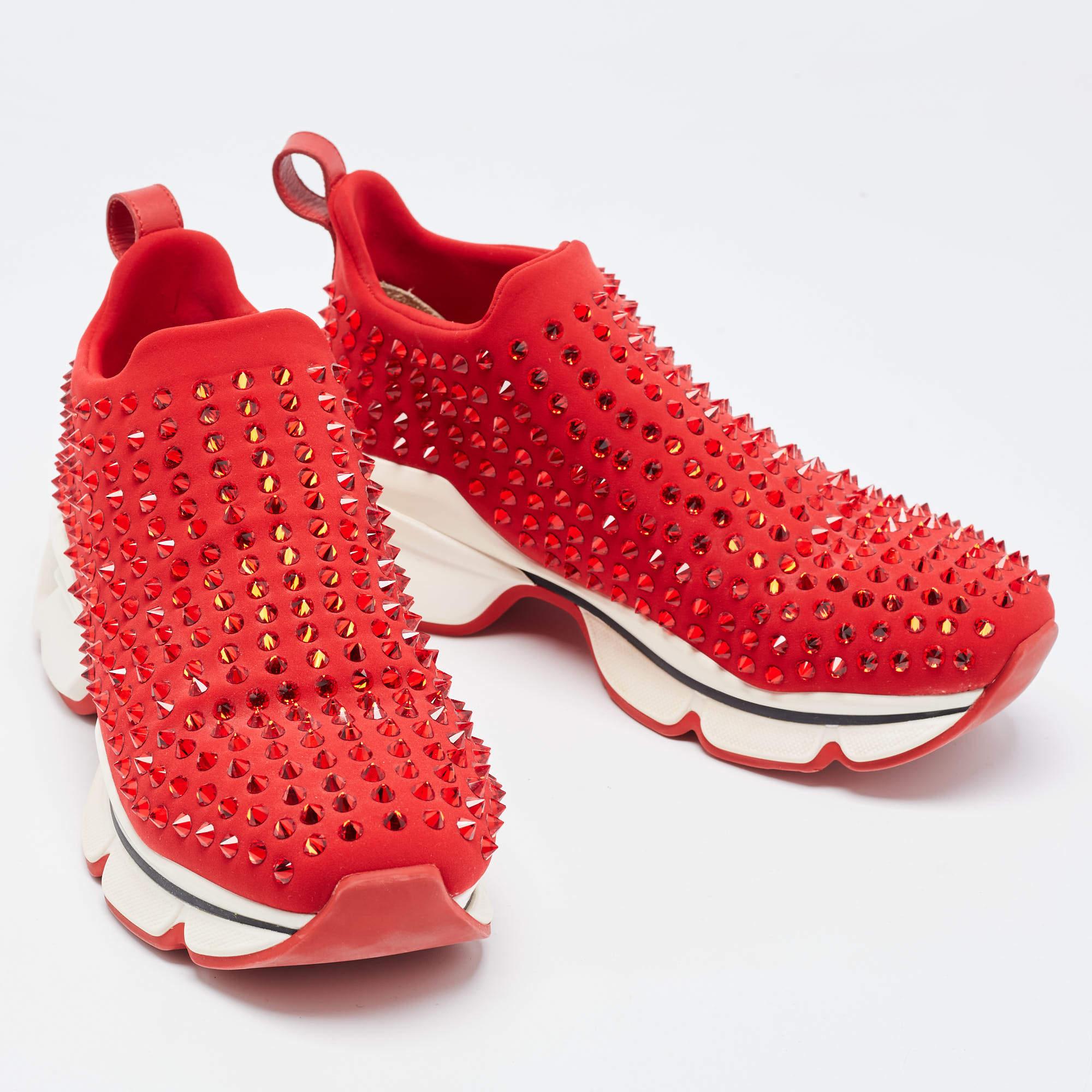 Christian Louboutin Red Neoprene Spike Sock Sneakers Size 38.5 In Good Condition In Dubai, Al Qouz 2