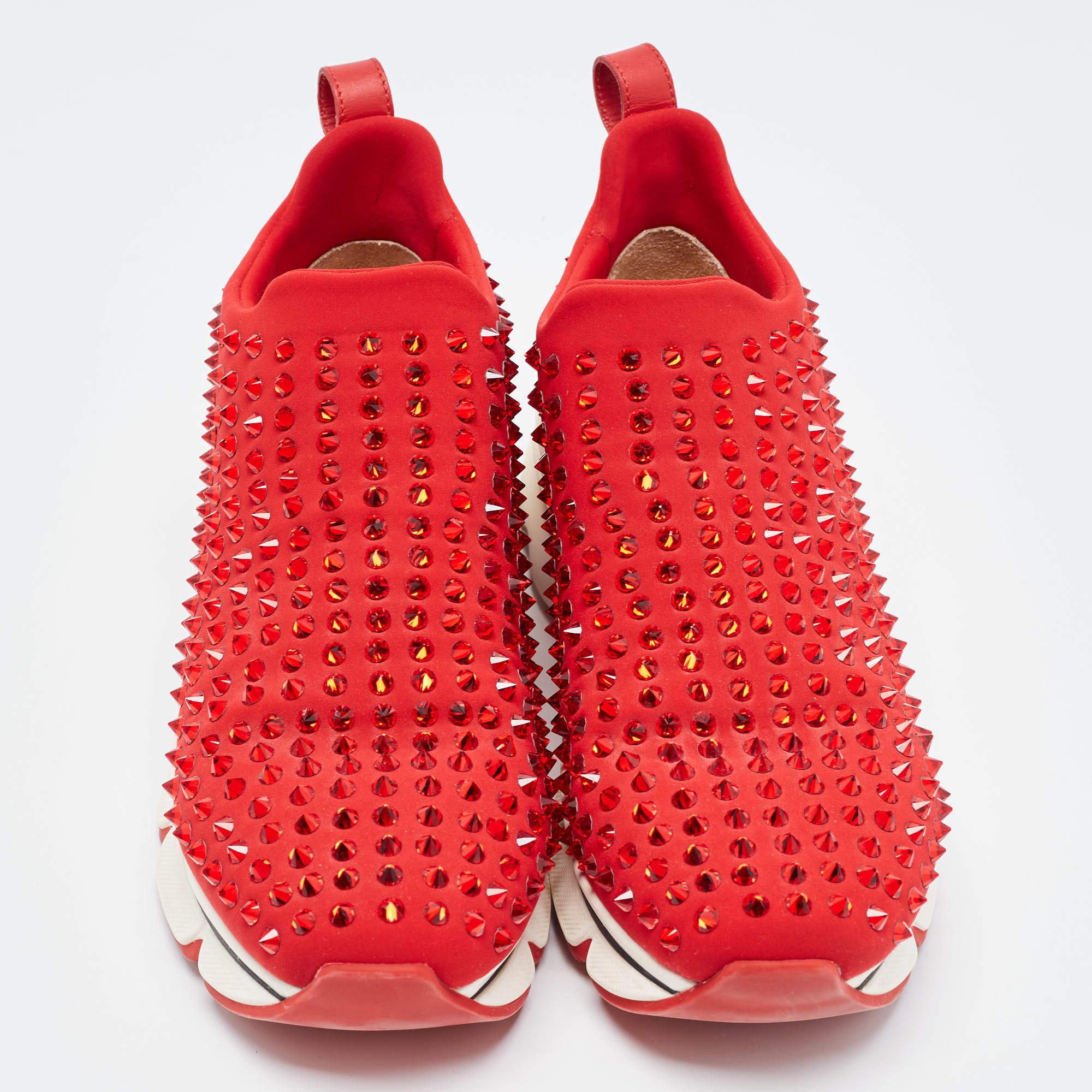 Women's Christian Louboutin Red Neoprene Spike Sock Sneakers Size 38.5