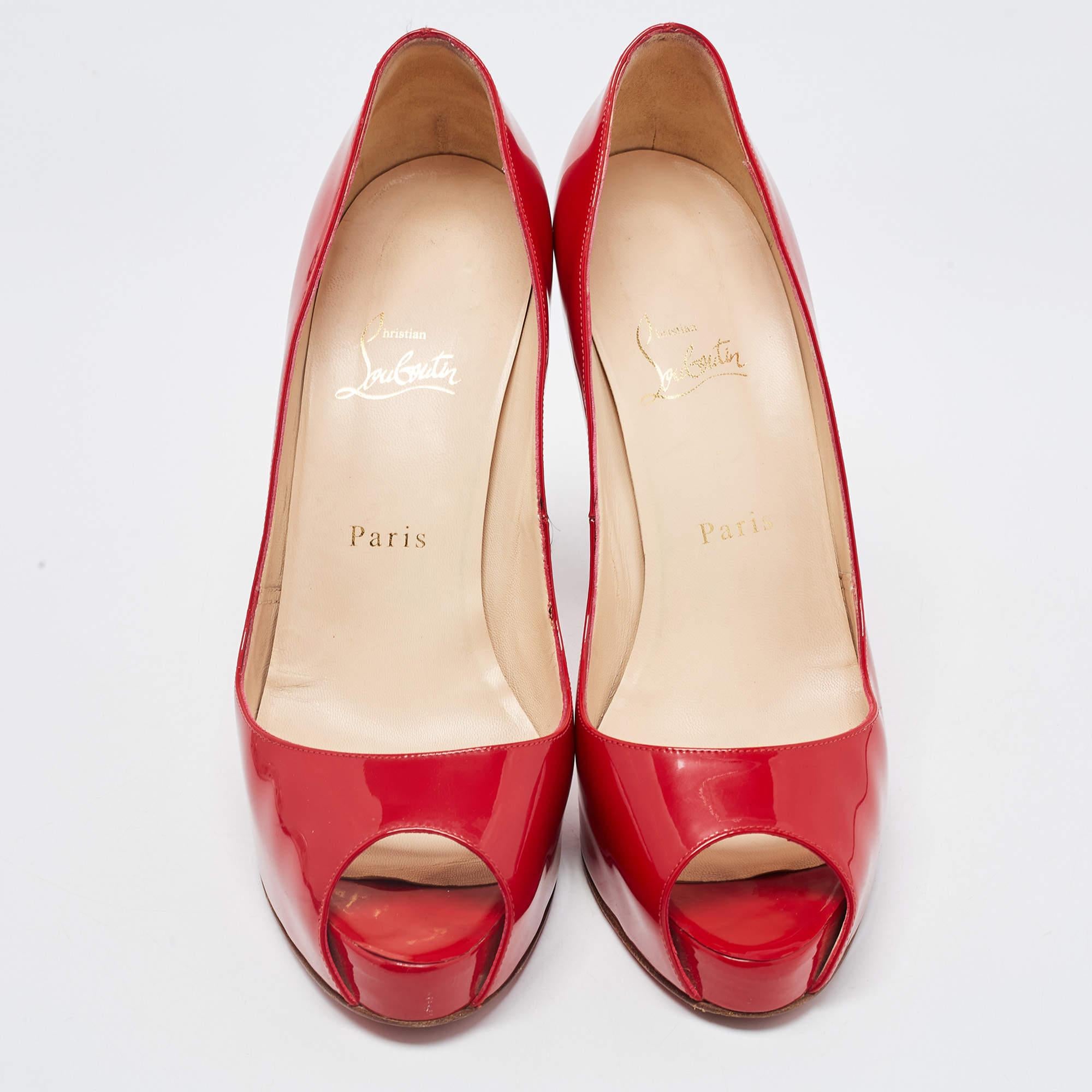 Christian Louboutin Red Patent Lady Peep Pumps Size 40 In Good Condition For Sale In Dubai, Al Qouz 2