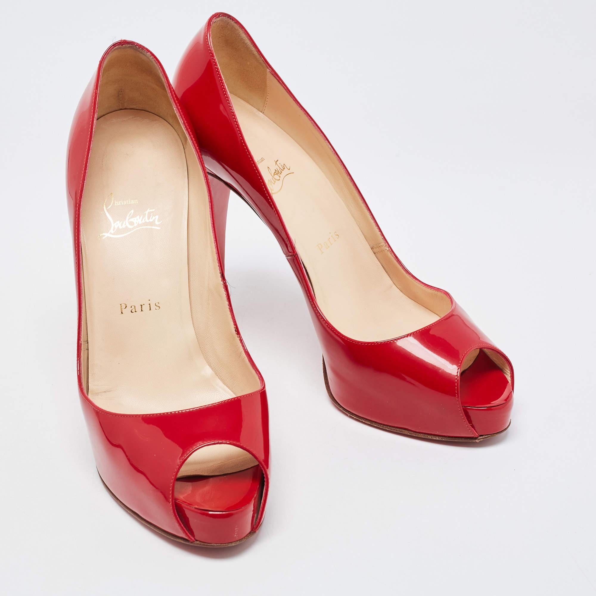 Women's Christian Louboutin Red Patent Lady Peep Pumps Size 40 For Sale